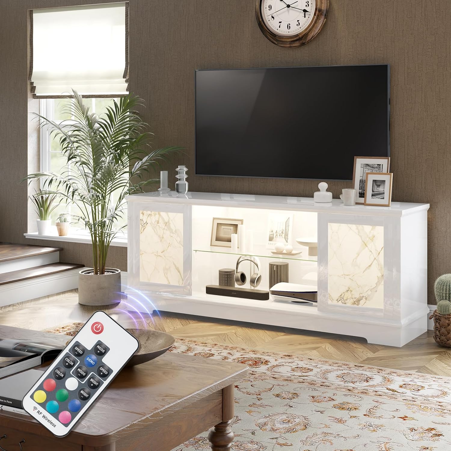 63" Natural Marble TV Stand, Modern High-Gloss Entertainment Hub Featuring LED Lights and Pine Legs, White TV Console Cabinet Accommodating TVs Up to 73"