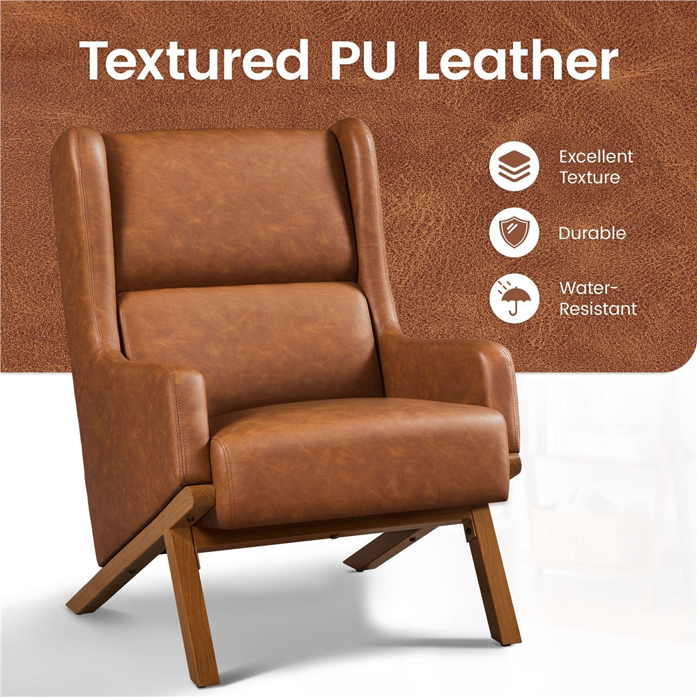 High Back Accent Chair PU Leather Armchair Oversized Lounge Chair with Wood-tone Metal Legs for Home Office Bedroom