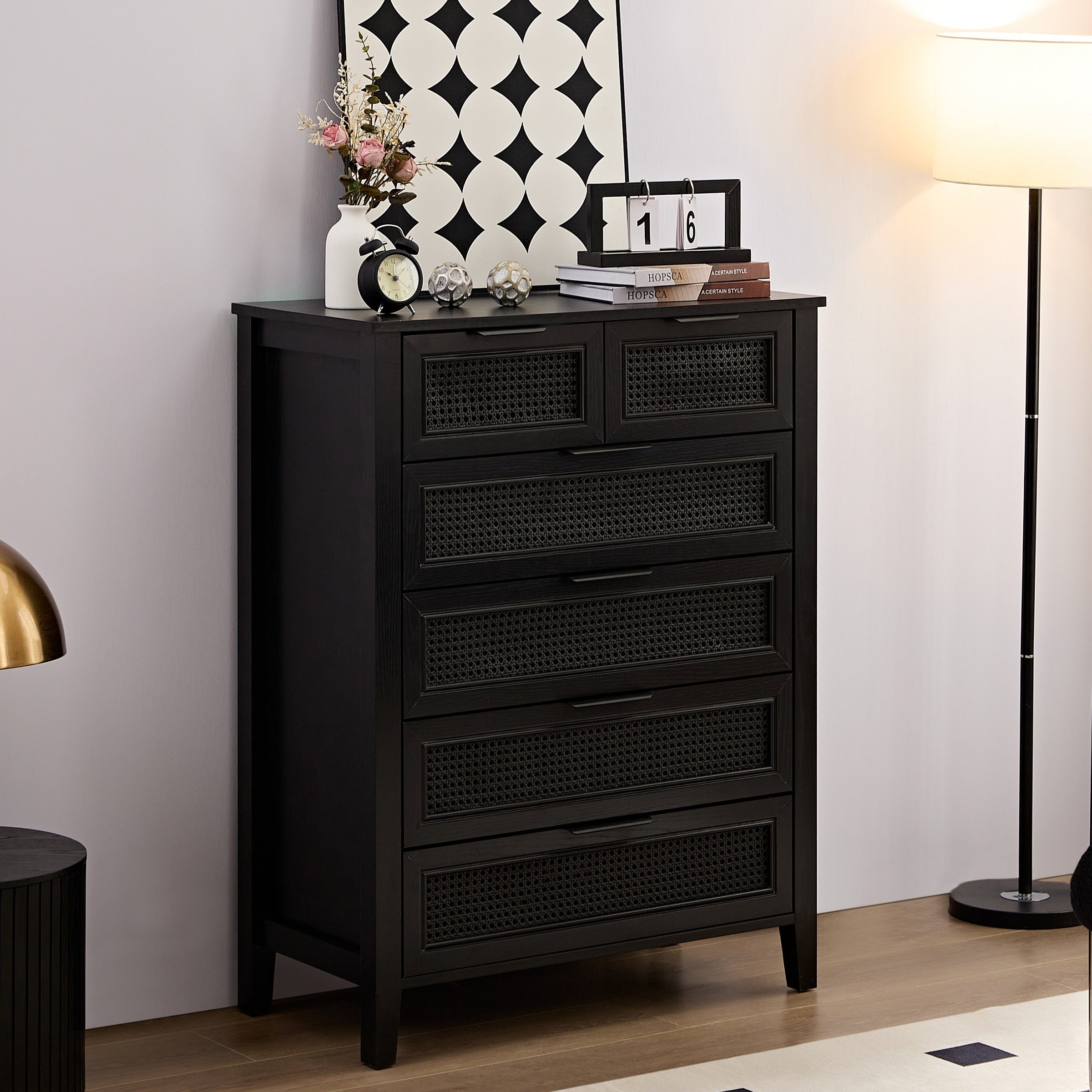 Black Dresser 6 Chests of Drawers for Bedroom Tall Dresser Black Rattan Drawer Dresser Modern 6 Drawer Dresser