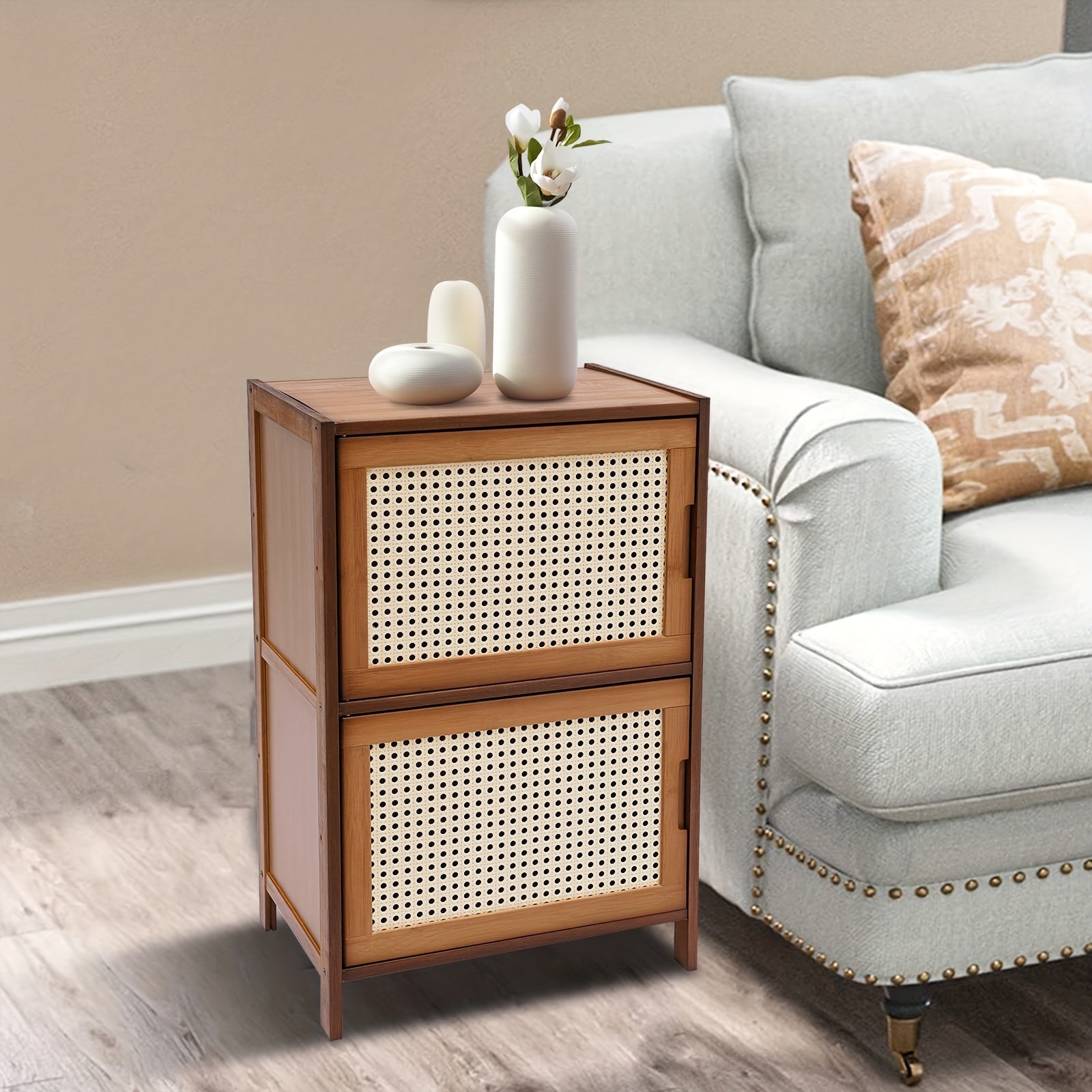 Nightstand with Decor Drawers Rattan Pattern End Table - Bamboo Sofa Side Table