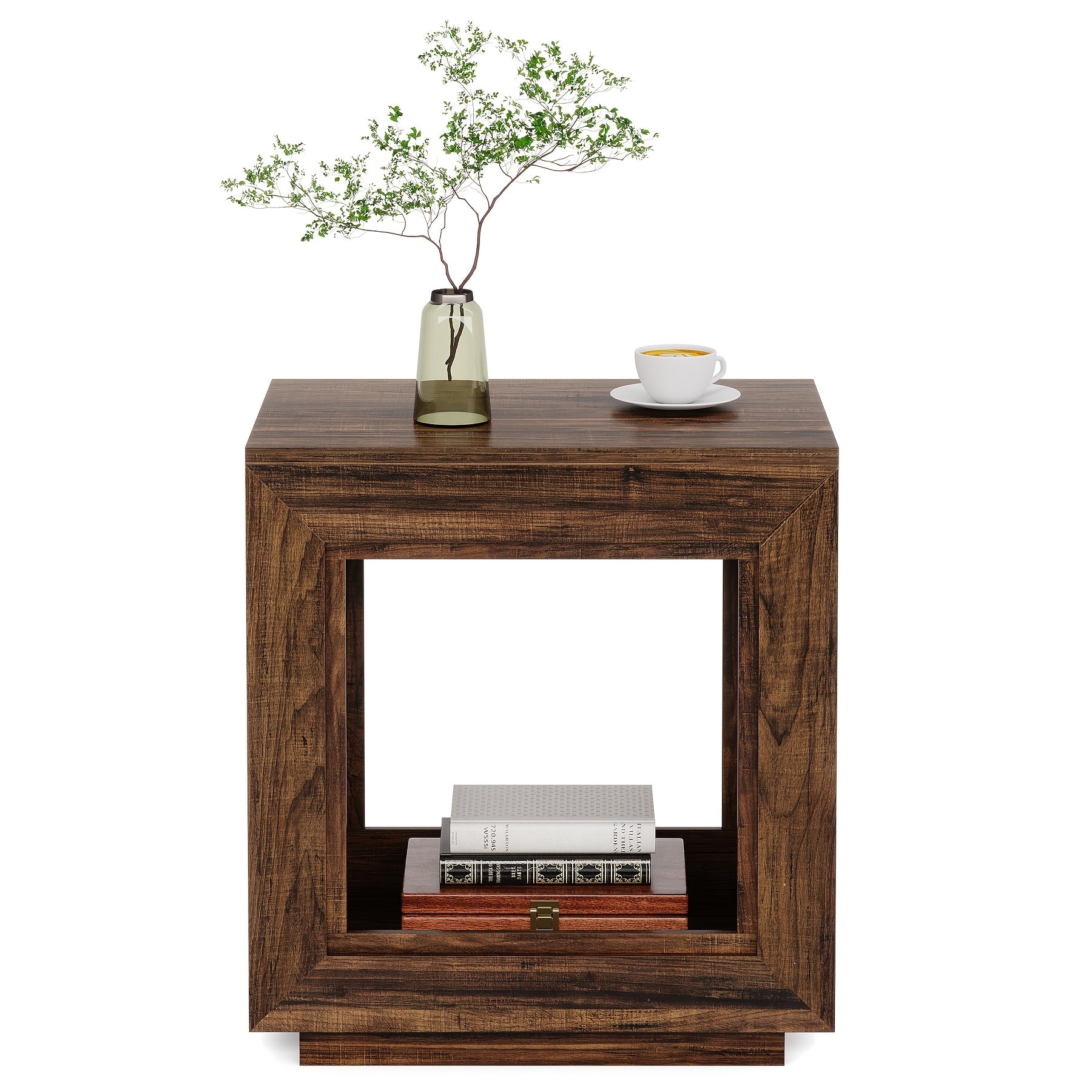 Charming 24" Farmhouse End Table with Storage - Rustic Dark Wood Finish, 2-Tier Side Table for Living Room or Bedroom, Space-Saving Design with Ample Top Surface & Under-Table Shelf for Books and Decor, Compact Side Table|Rus