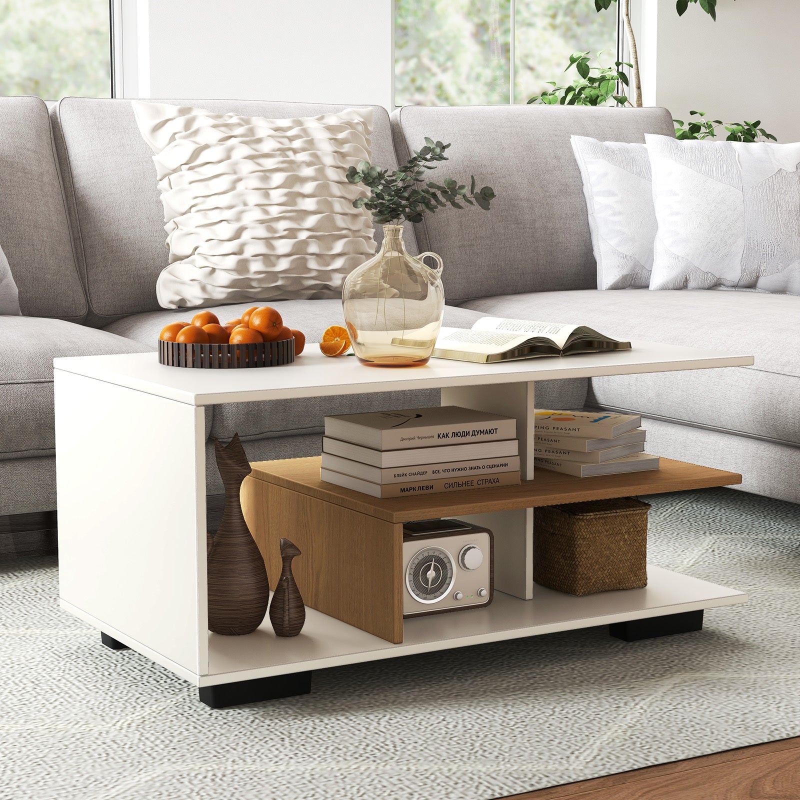 Modern Geometric Coffee Table with Storage - 3-Tier Rectangular Centerpiece L-Shaped Shelf Durable Hardwood