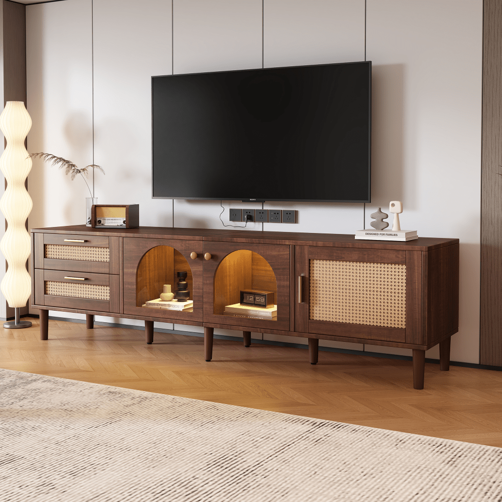 Rattan TV Cabinet with 3 Cabinets and 2 Drawers, Rattan Style Media Console Table, Suitable for TVs up to 80 Inches, TV Cabinet for Living Room, Bedroom, Home Theater