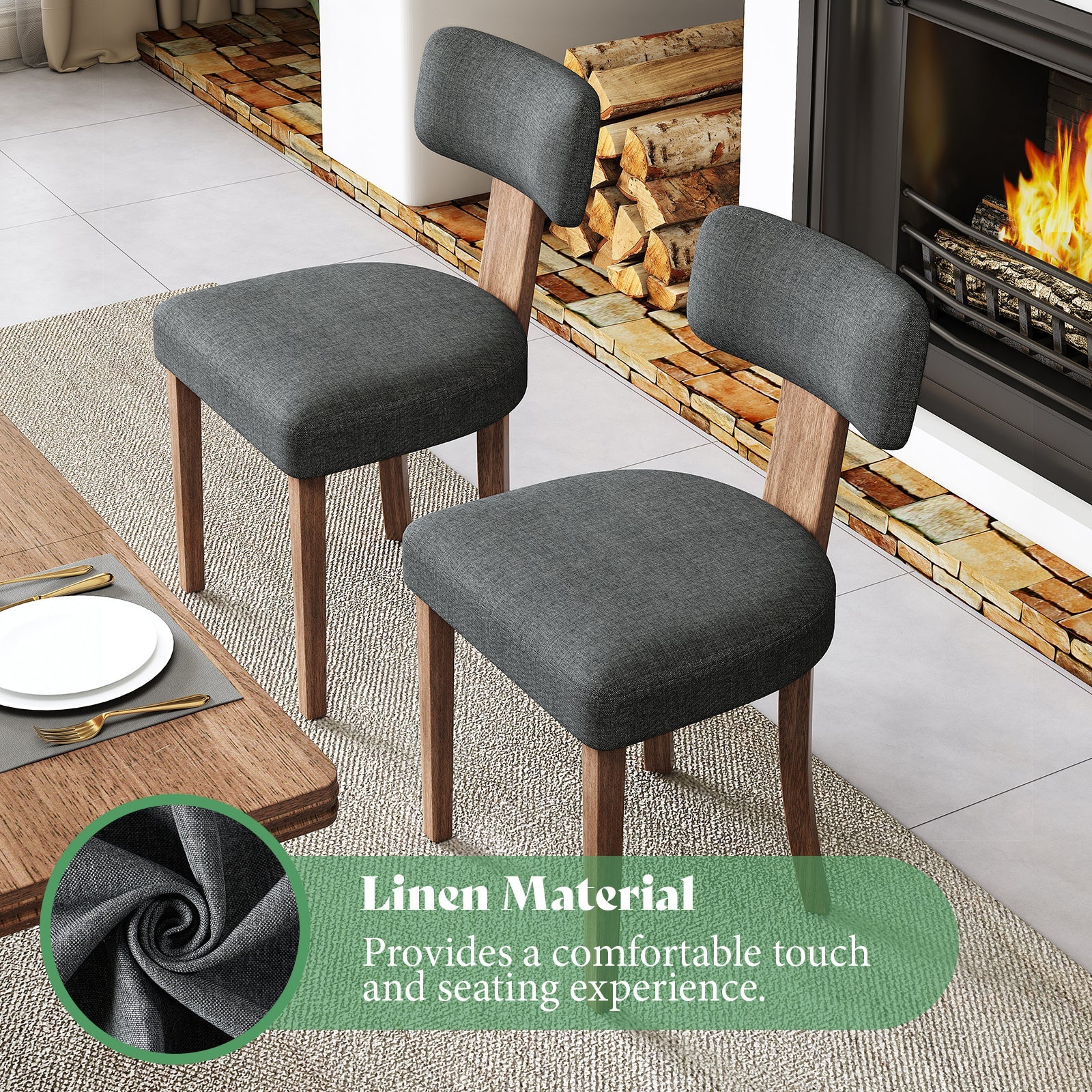 Modern Linen Dining Kitchen Chairs with Upholstered Curved Backrest & Seat, Chairs for Dining Table, Hardwood Frame