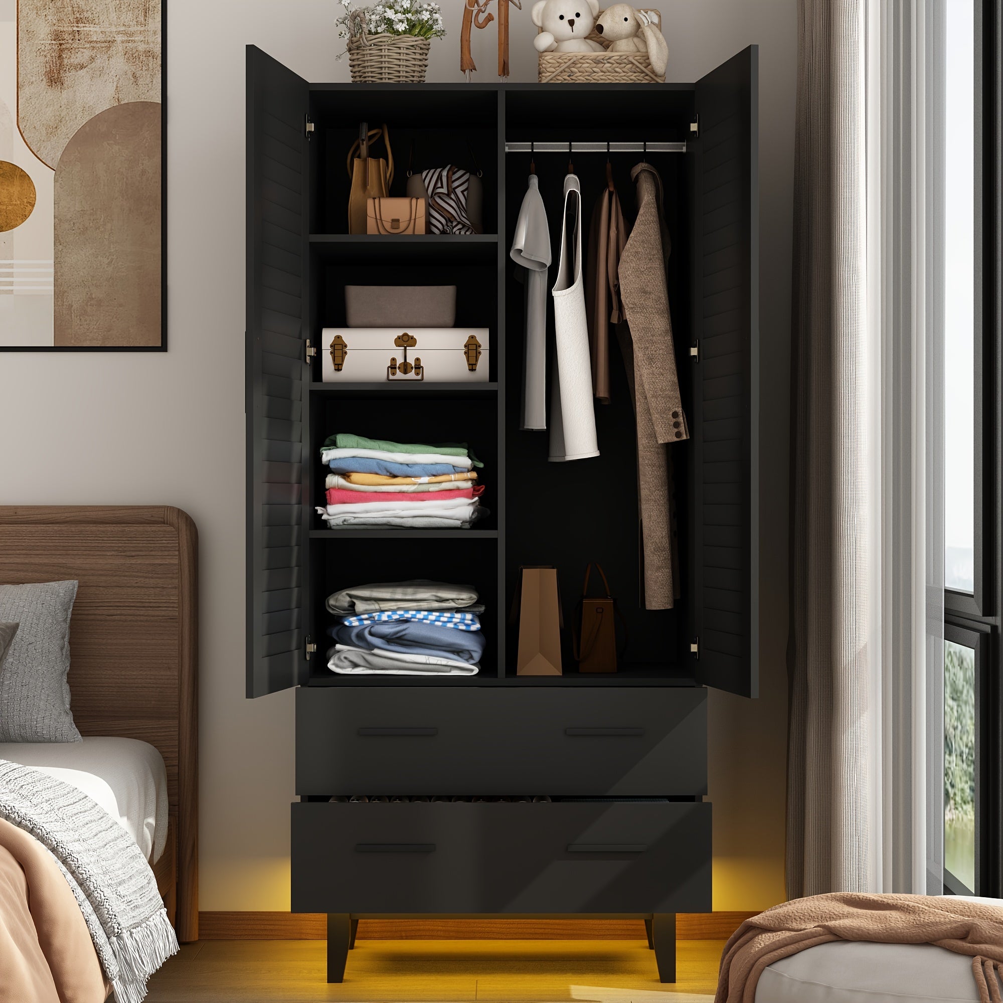 2 Door LED Wardrobe Closet Cabinet With Drawers, Multi-Tier Shelves, Hanging Rod & 2 Louver Doors, Large Capacity Storage Wardrobe Armoire For Bedroom