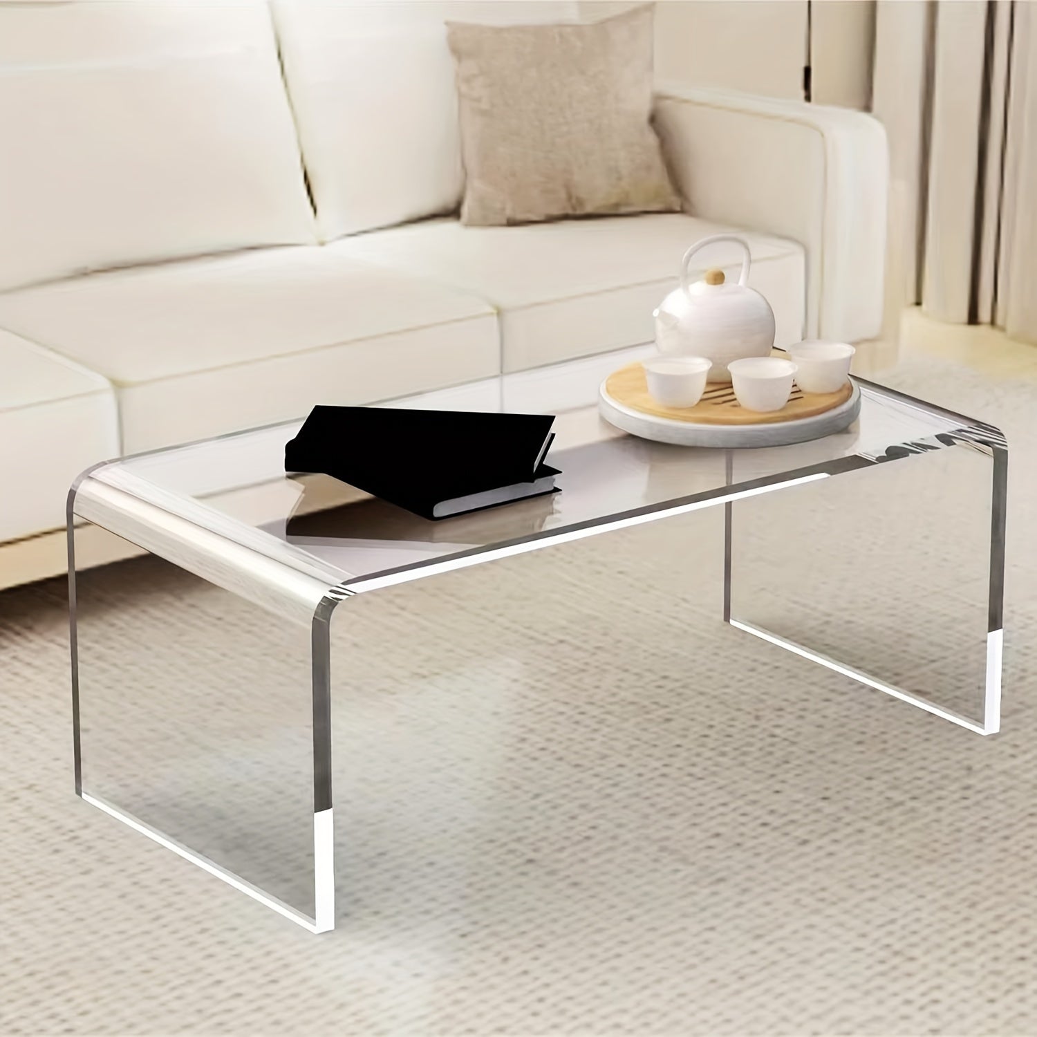 Premium Acrylic Clear Coffee Table, Modern Waterfall End Table For Small Living Room, Bedroom And Office, No Installation, Easy To Clean