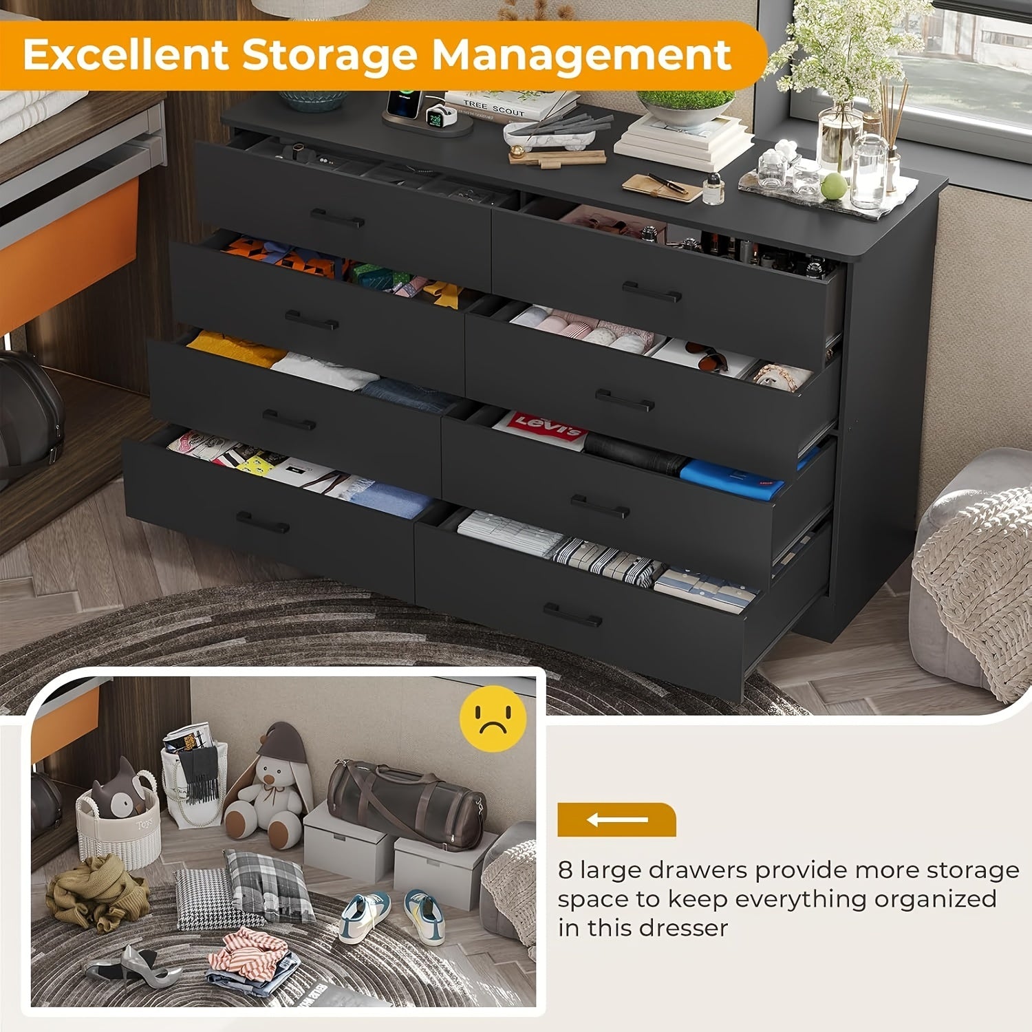 8 Drawer Storage Cabinet, Modern Bedroom Chest of Drawers with Charging Station, Wide Living Room Storage Cabinet, Black