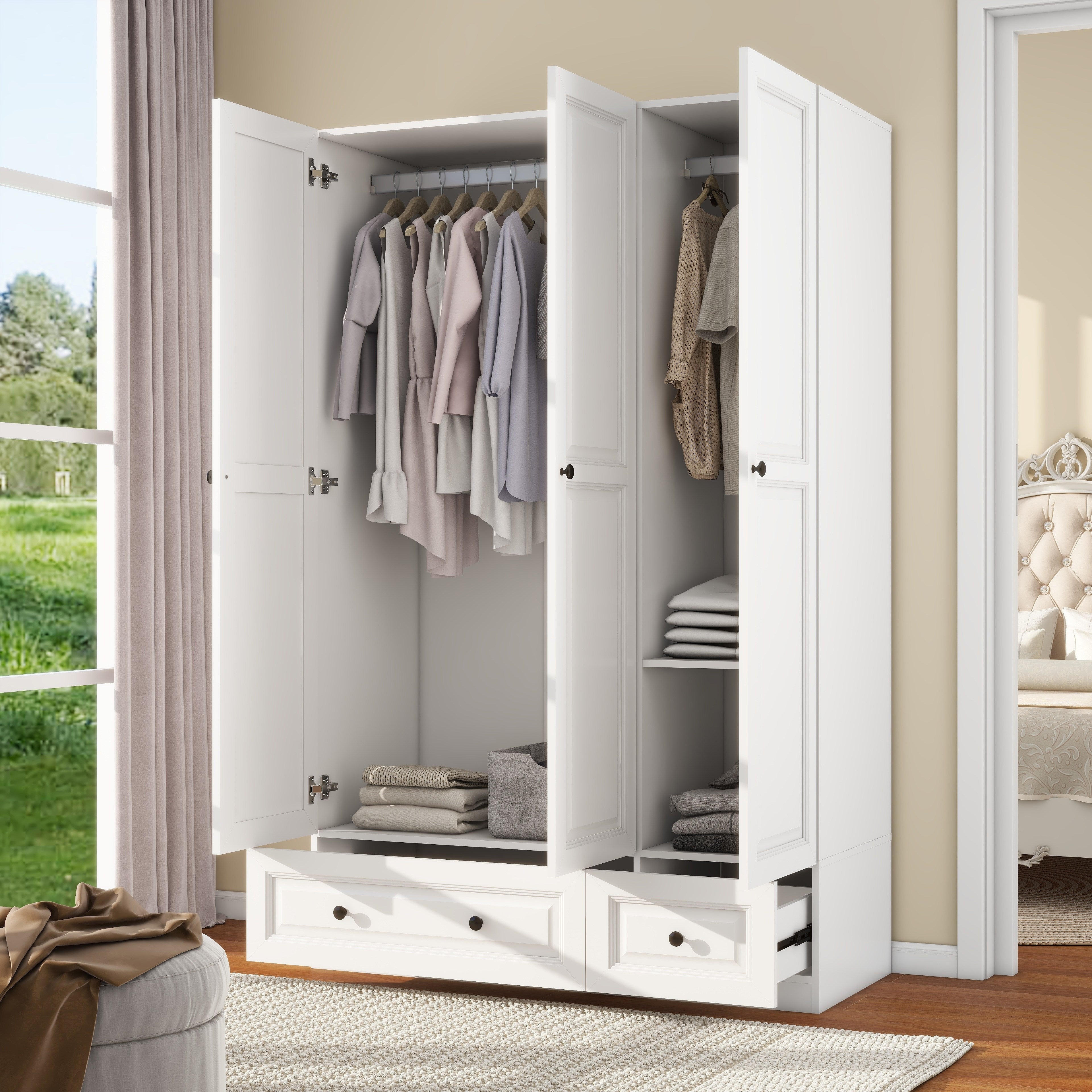 White Wardrobe Closet With 3 Doors, Bedroom Armoire Wardrobe Closet With 3 Drawers, Wooden Wardrobe Closet For Hanging Clothes, Wood Cabinet For Clothes And Shelves