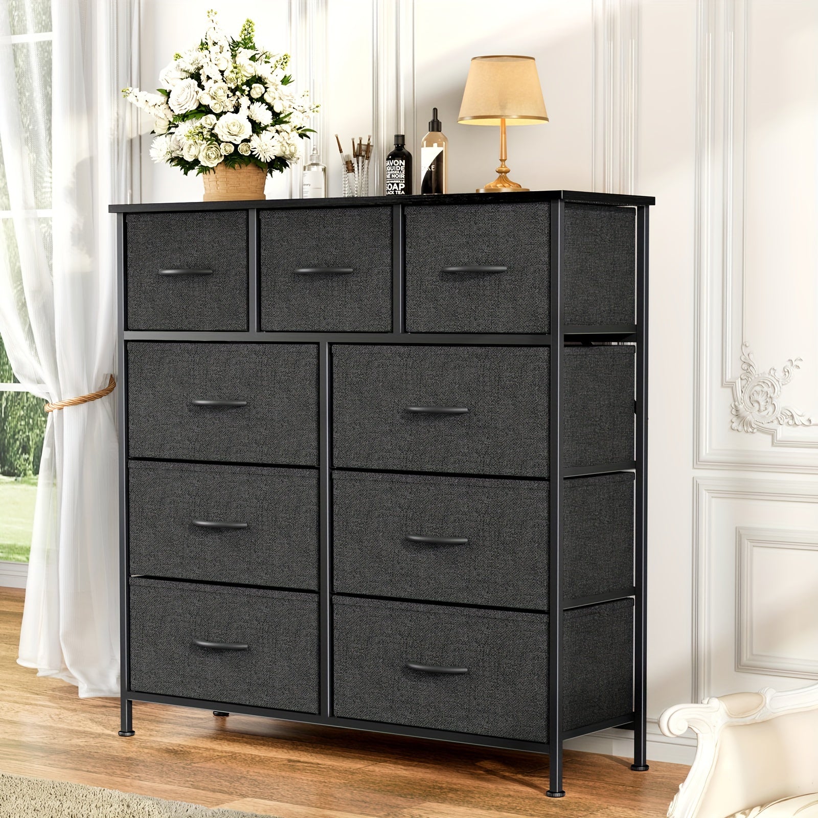 Dresser With 9 Drawers Fabric Storage Tower Storage Cabinet Organizer Unit For Lab Living Room Hallway Closets &