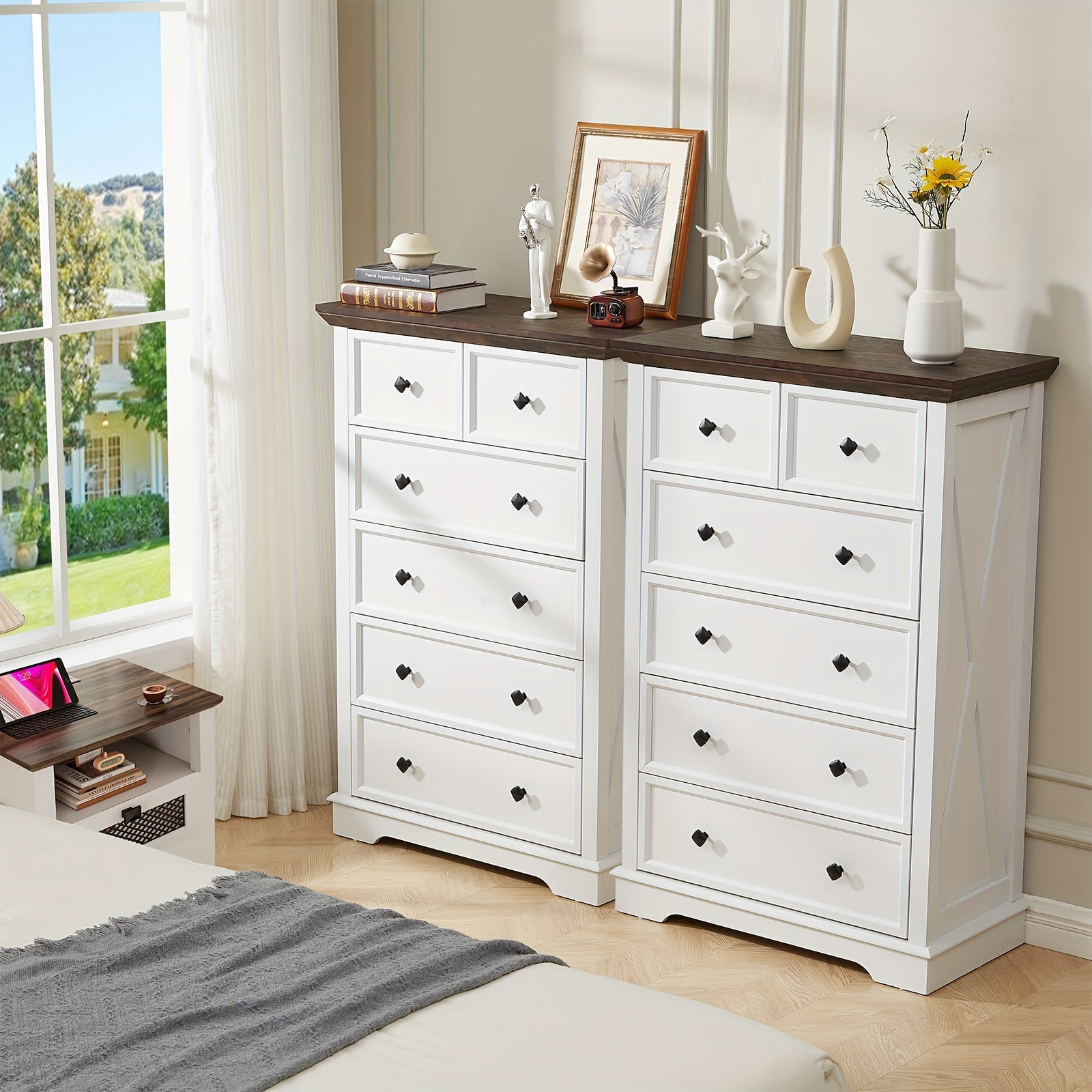 1pc Farmhouse Style 6-Drawer Dresser, 48" Tall Hardwood & Artificial Board Chest, White Storage Cabinet for Bedroom, Living Room, Entryway - Independent, No Electricity Needed