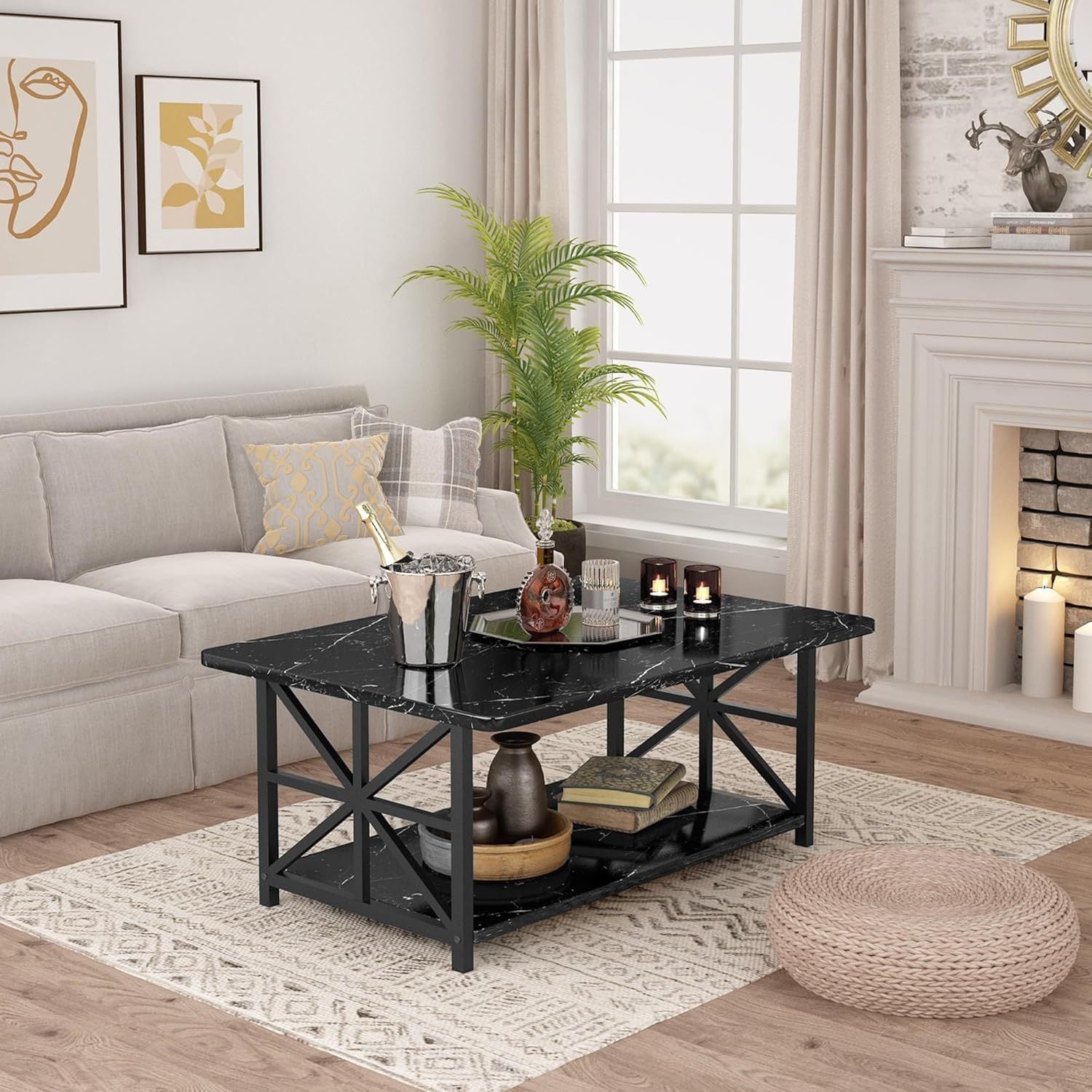 Coffee Table for Living Room, Faux Marble 2-Tier Coffee Table with MDF Broad & Metal Frame, Farmhouse Style Rectangular Center Table for Small Space, Space Saving Tea Table for Bedroom, Kitchen, Office