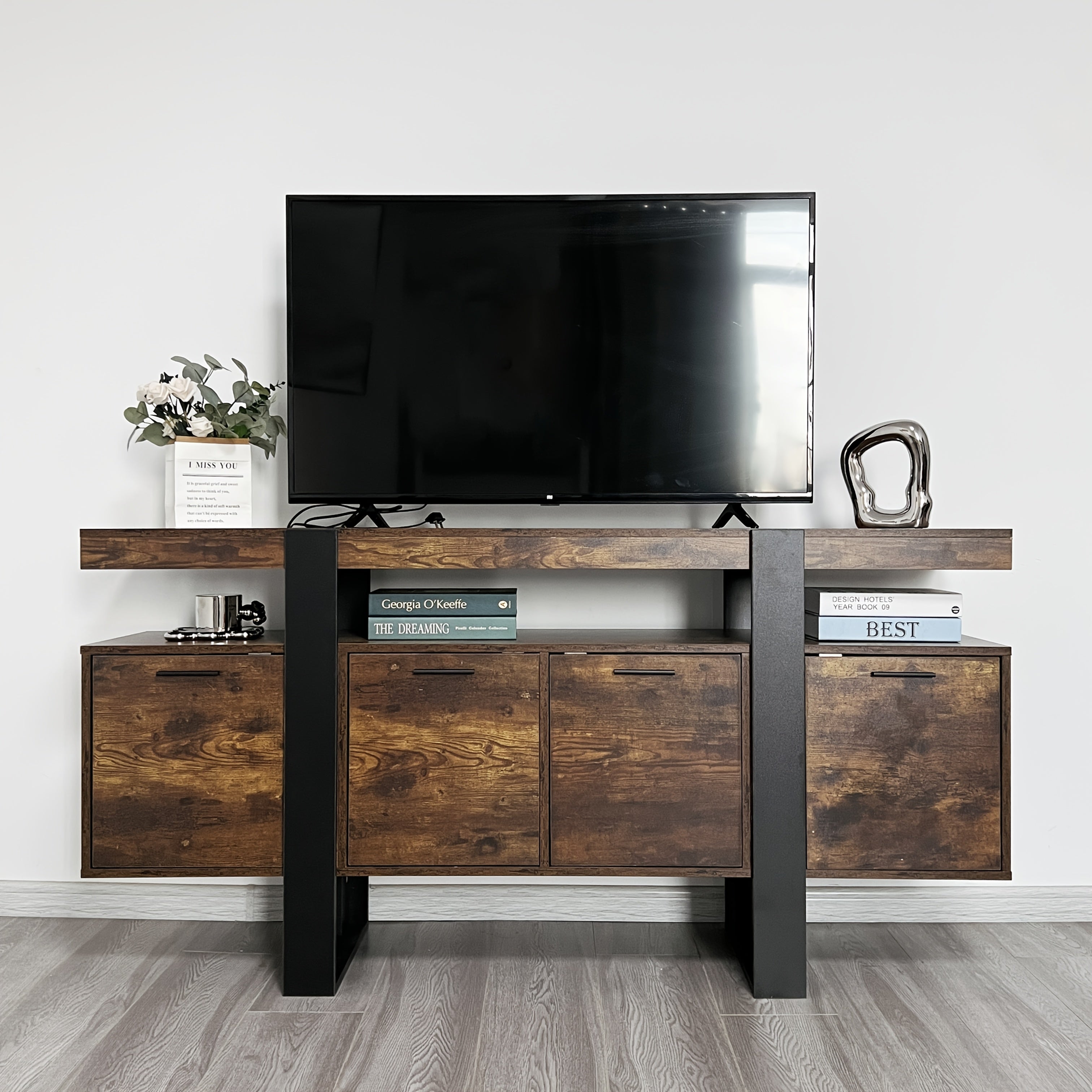 Rustic Farmhouse TV Stand - 32" Tall, Fits 75+ Inch TVs, with 4 Drawers & Sliding Barn Door, Wooden Media Console with Storage Shelves for Home Entertainment, Brown