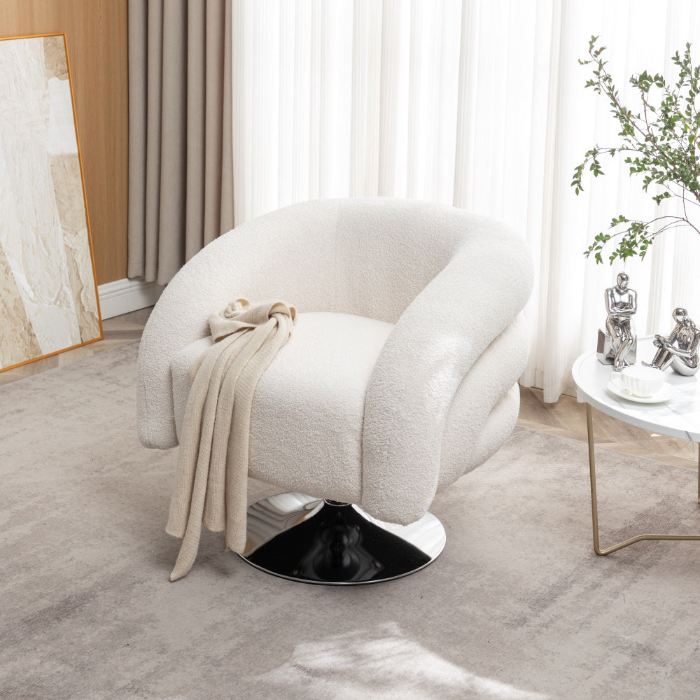 Luxurious White Teddy Swivel Chair - Plush Upholstered Single Sofa with 360° Rotating Base, Durable Metal Frame - Cozy Reading Chair for Living Room, Bedroom, Office - Easy Assembly, Living Room Chair