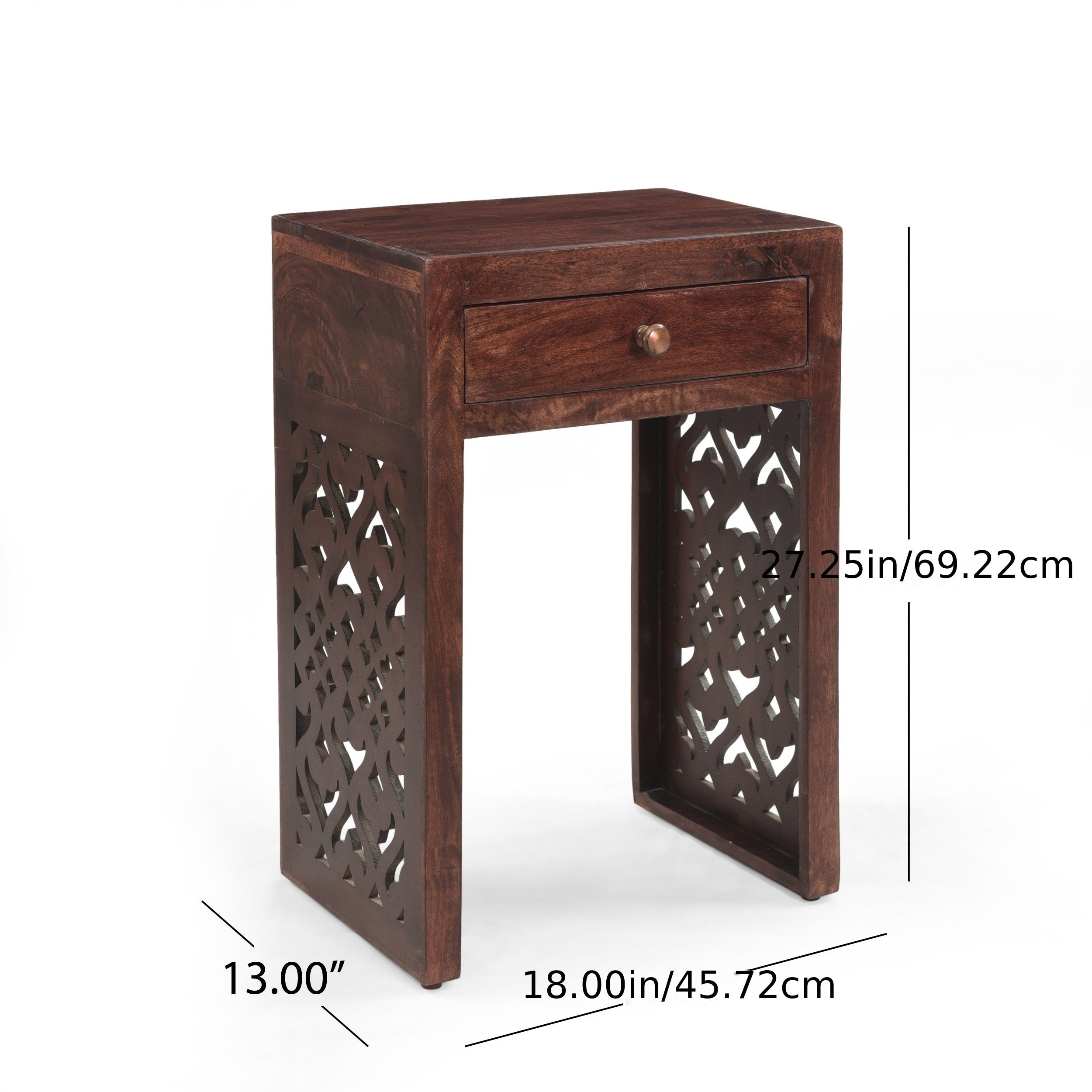 Elegant Antique End Table with Drawer - Handcrafted Mid-Century Design in Rich Brown, Space-Saving Hardwood Nightstand with Decorative Cut-Out Panels for Bedroom & Living Room Elegance, Table Decor