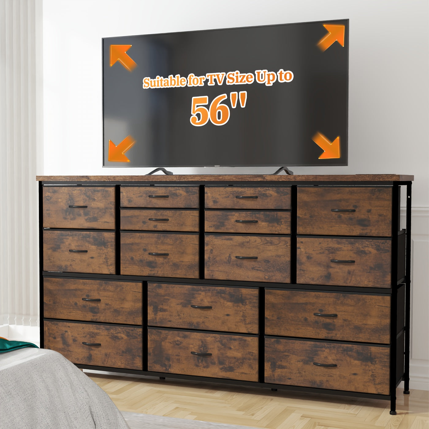 TV Stand Dresser for 60" TV Stand with Charging Station TV Stands for Living Room Long Dresser for Bedroom TV Stand with 16 Drawers Storage TV Stand for Bedroom Dresser 51.1''W*11.8''D*34.8''H