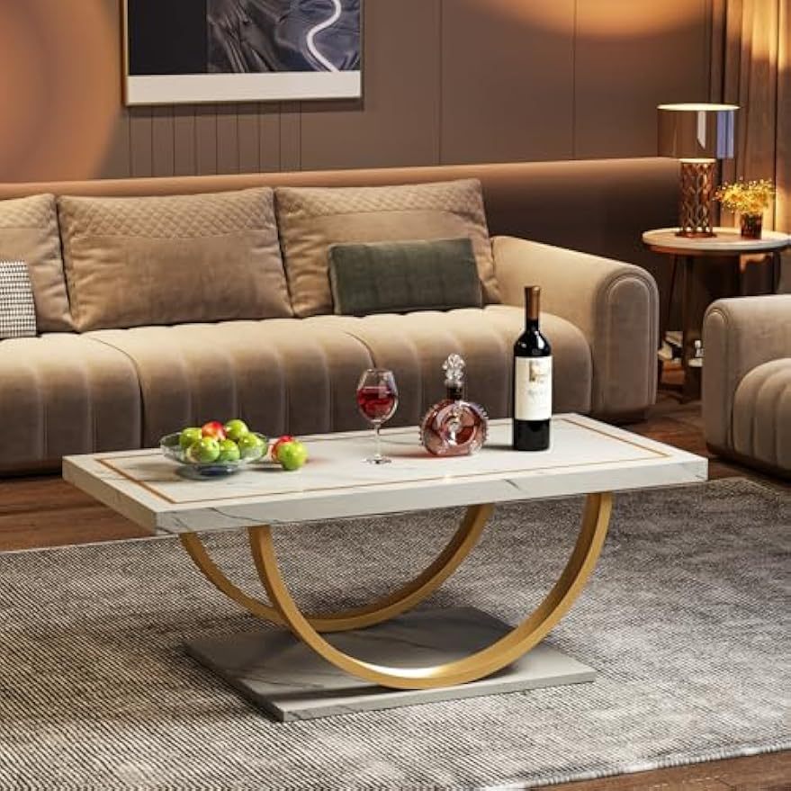 Modern Coffee Table Faux Marble White Golden Coffee Table Rectangle Coffee Table for Living Room, Engineered Wood Coffee Table with Faux Marble Veneer and Heavy Duty Metal Frame, Storage Racks for garage