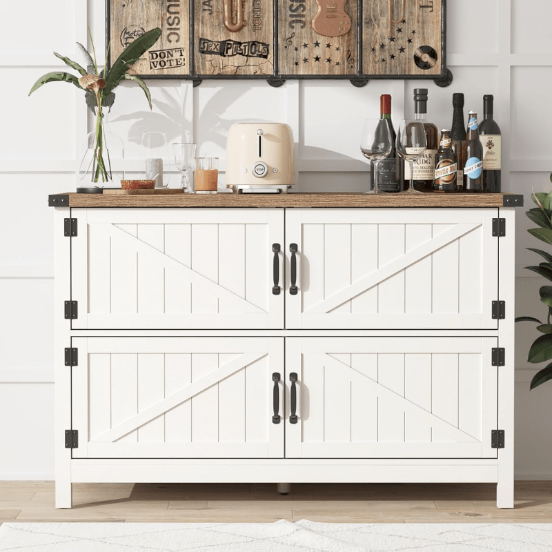 Solid Wood Farmhouse Dresser Chests for Bedroom with 5 Drawers & 2 Barn Doors Tall Chest of Drawers Rustic Dresser TV