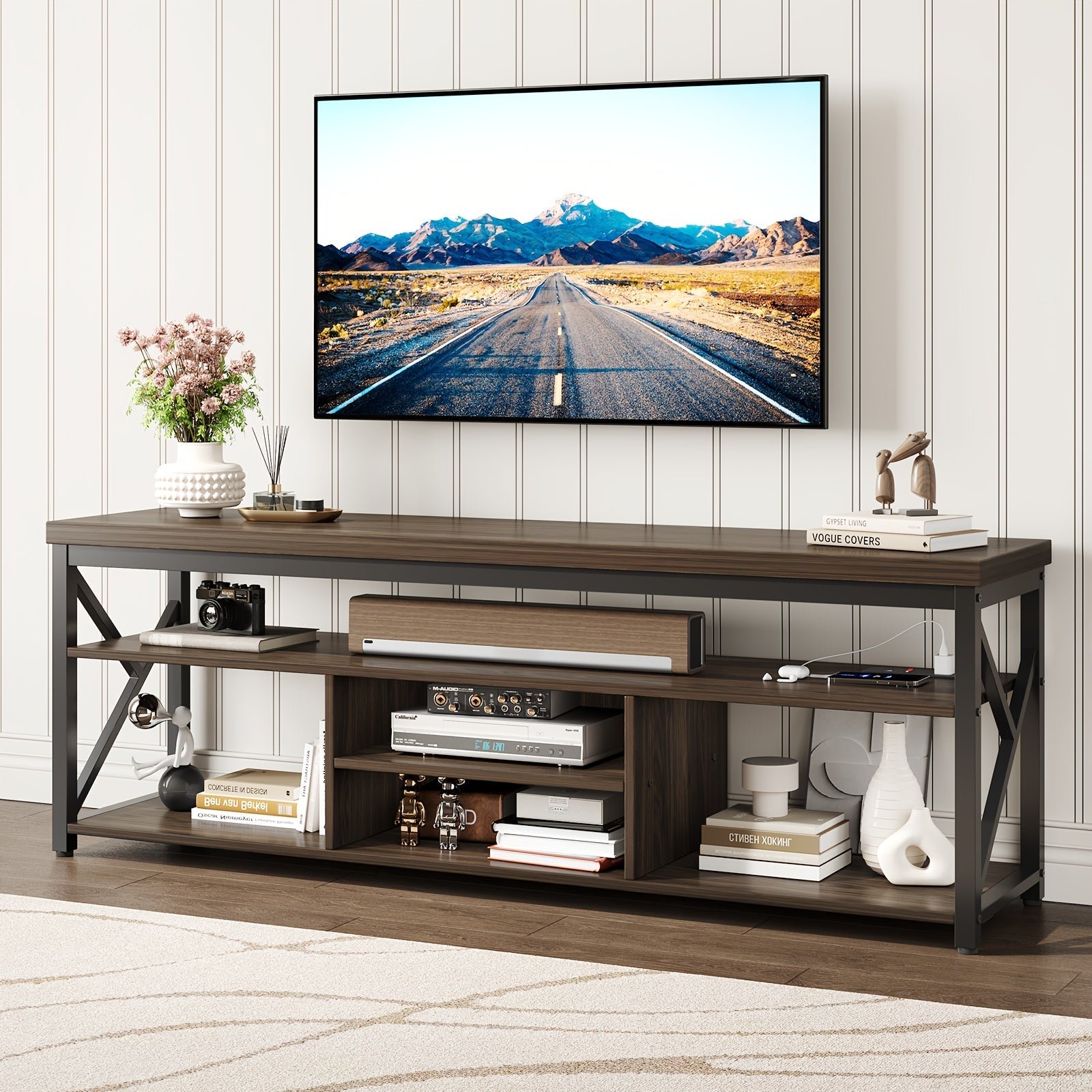 TV Stand for TVs Up to 70 Inch, Sofa Table Industrial Wood Entertainment Center with 3 Tier Wood Storage Shelf, TV Media Console for Living Room And Bedroom, Black And Brown