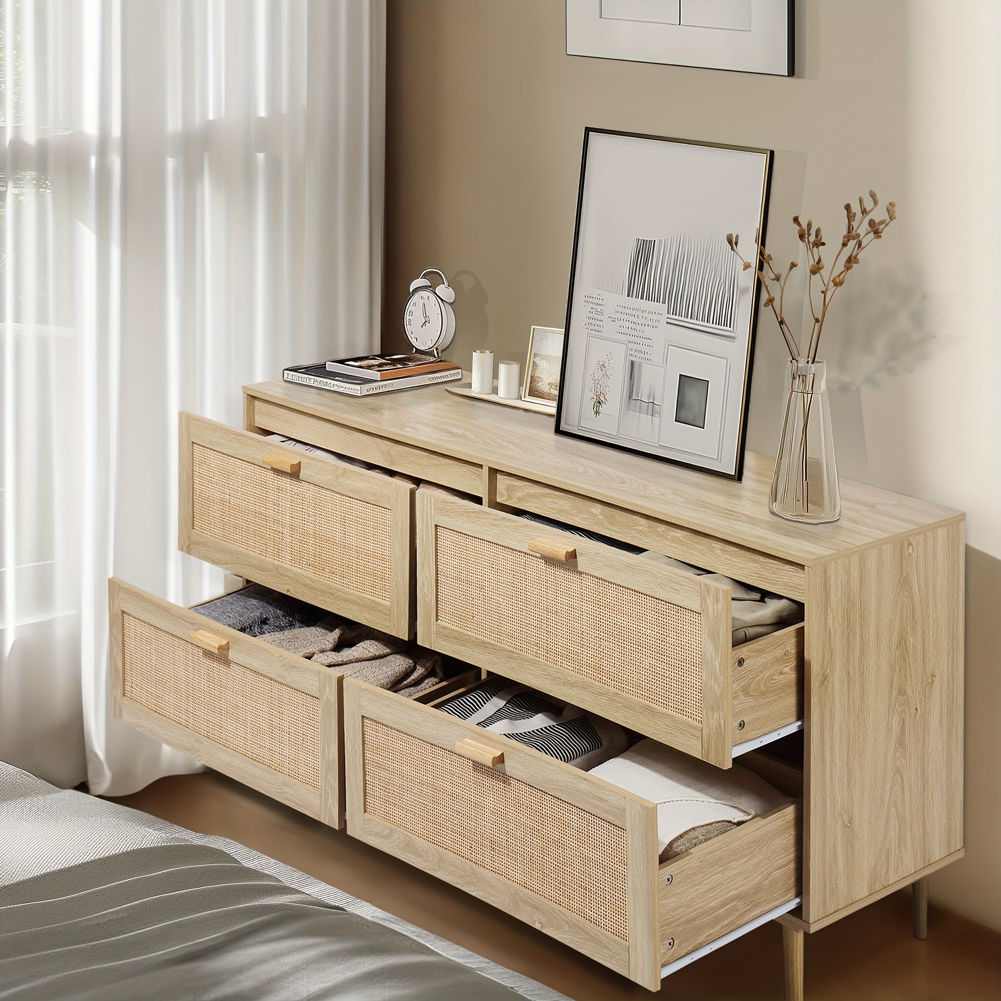 4 Double Drawer Dresser For Bedroom 59.84" Widen Wooden Bedroom Dressers With Drawers, Rattan Cane Dresser Modern Chest Of Drawers Wood Oak 4 Drawer Dresser For Bedroom, Hallway, Living Room