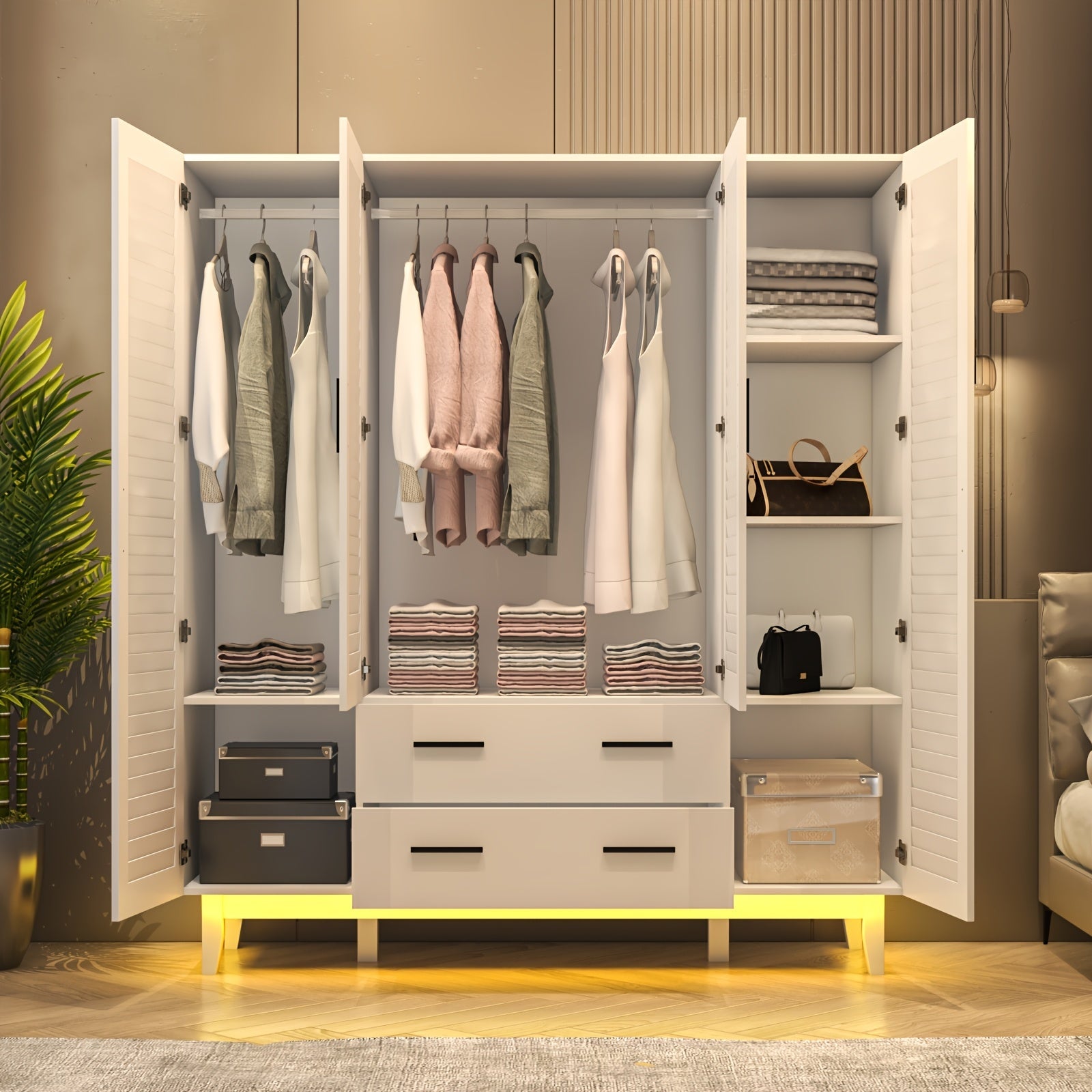 Spacious 4-Door White Armoire Wardrobe with LED Lights & Drawers - Multi-Tier Storage, Hanging Rod, Safety Features - Ideal for Bedroom Organization