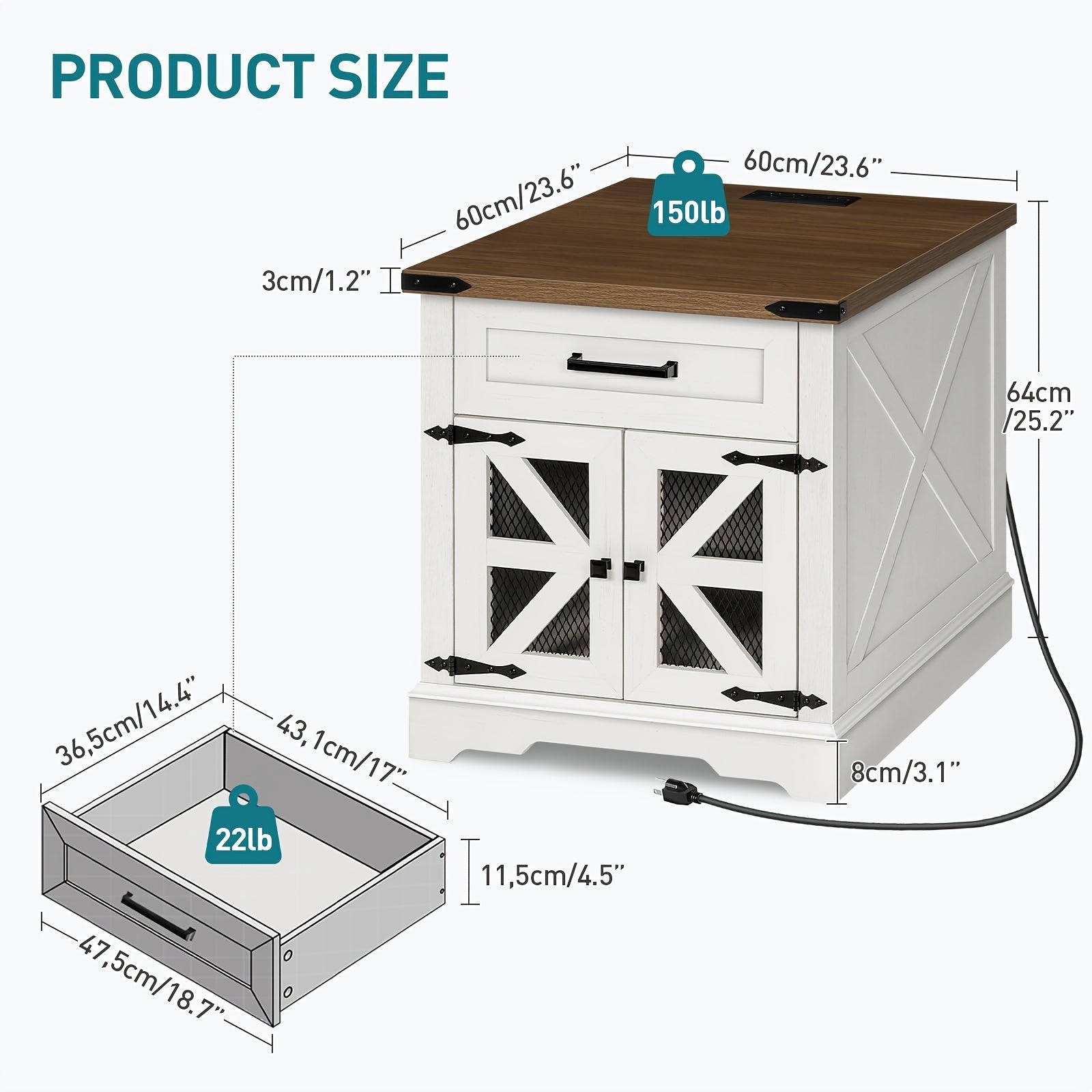 White Farmhouse End Table With Charging Station, 24" Large Sofa Side Table With Drawer, Large End Table For Living Room, Wooden Nightstand With Outlet, Square, White And Walnut