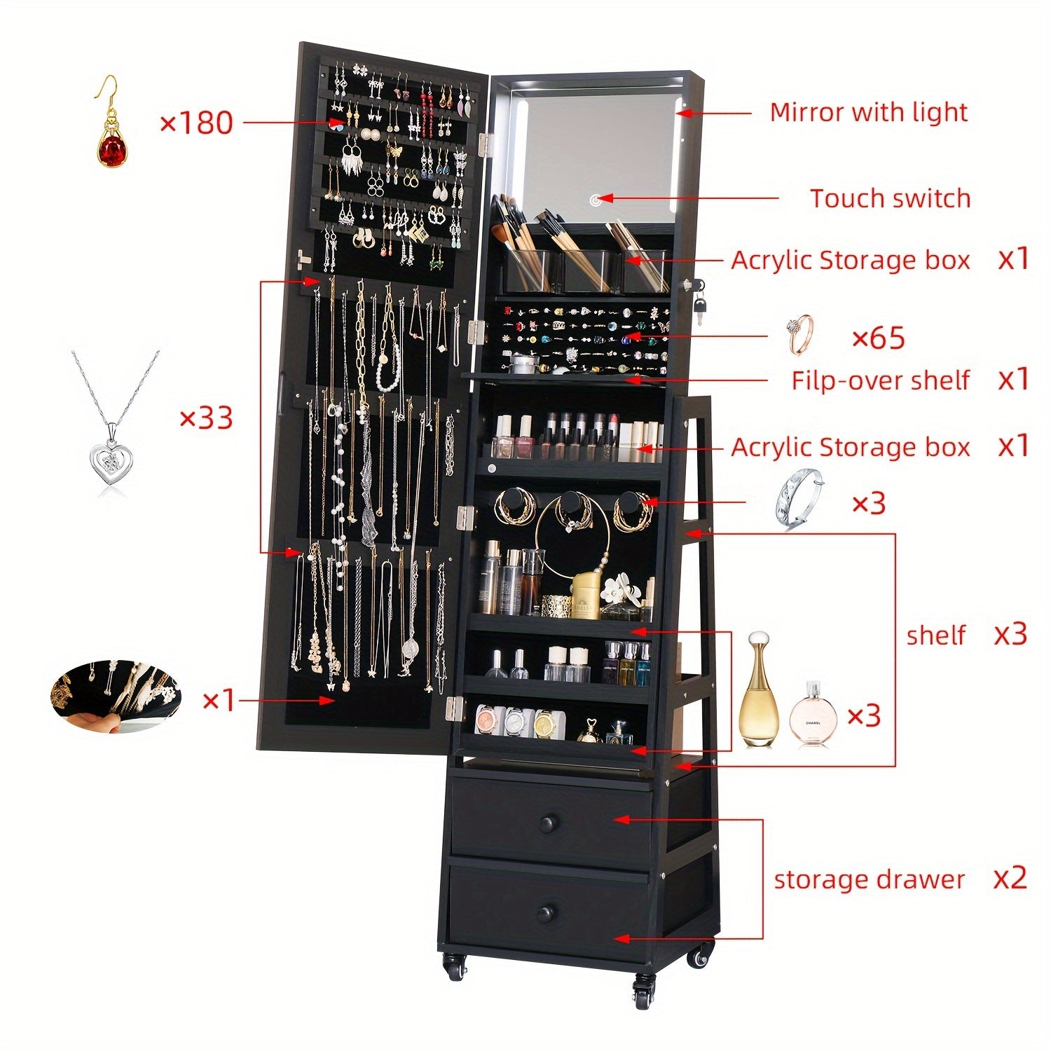 Rotating Jewelry Armoire With LED, Full Length Mirror Large Capacity Jewelry Organizer Armoire, Lockable Floor Standing Mirror With Back Storage Shelves With Wheels Baskets, Bins & Containers