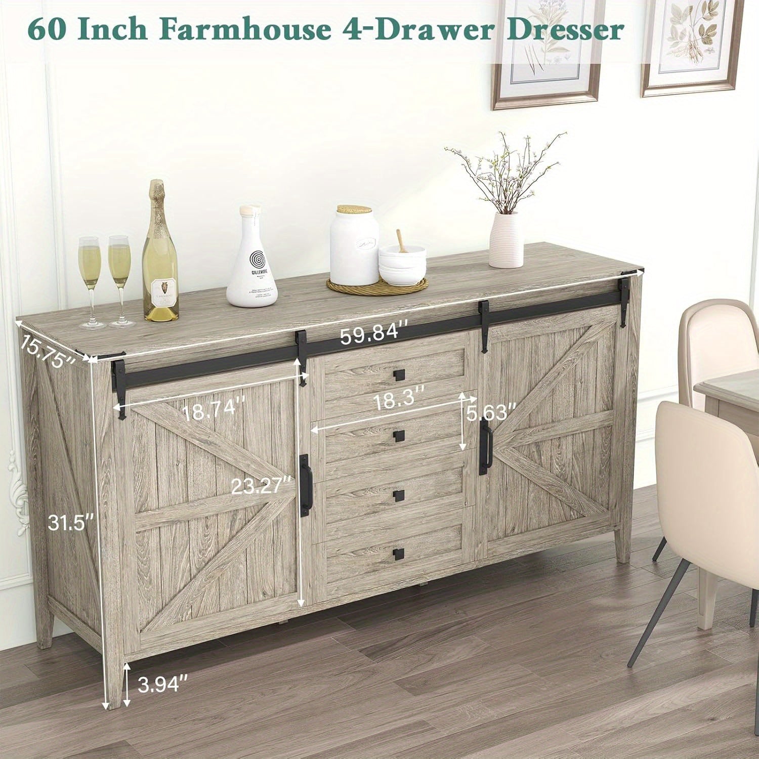 60 Inch Farmhouse 4 Drawers Dresser for Bedroom with Sliding Barn Doors, Natural Texture Wood Rustic Chest of Drawers for Living Room Bedroom Hallway Driftwood Gray