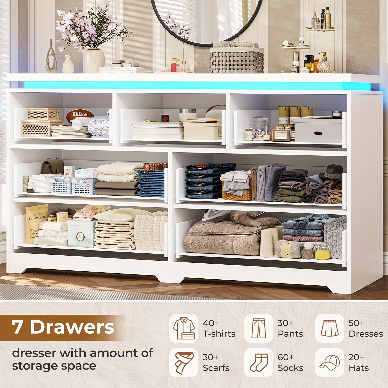 7 Drawers Dresser Bedroom Dresser With 7 Drawers Modern Chest Of Drawers With LED Lights 47’’ Wide Dresser With Metal