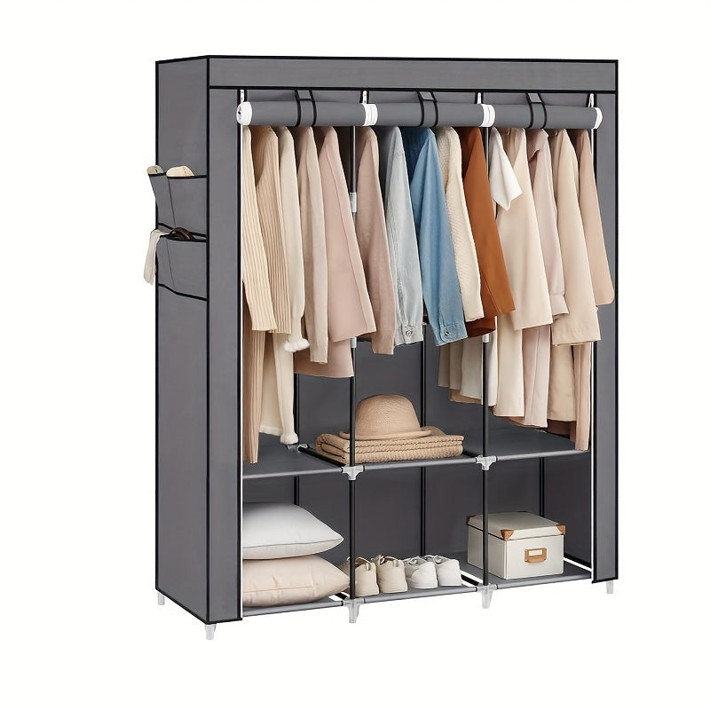 1pc Portable Wardrobe Closet Organizer with Cover, 4 Hanging Rods and Shelves, 4 Side Pockets, Metal Material, Lacquered Finish, Large Capacity for Bedroom, Living Room, Clothes Organizer Storage, SONGMICS