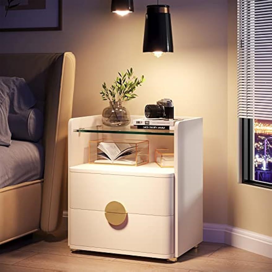 Elegant 2-Drawer Nightstand with Open Storage - Modern Beige & Golden, Tempered Glass Top, Wooden Bedside Table for Bedroom and Living Room