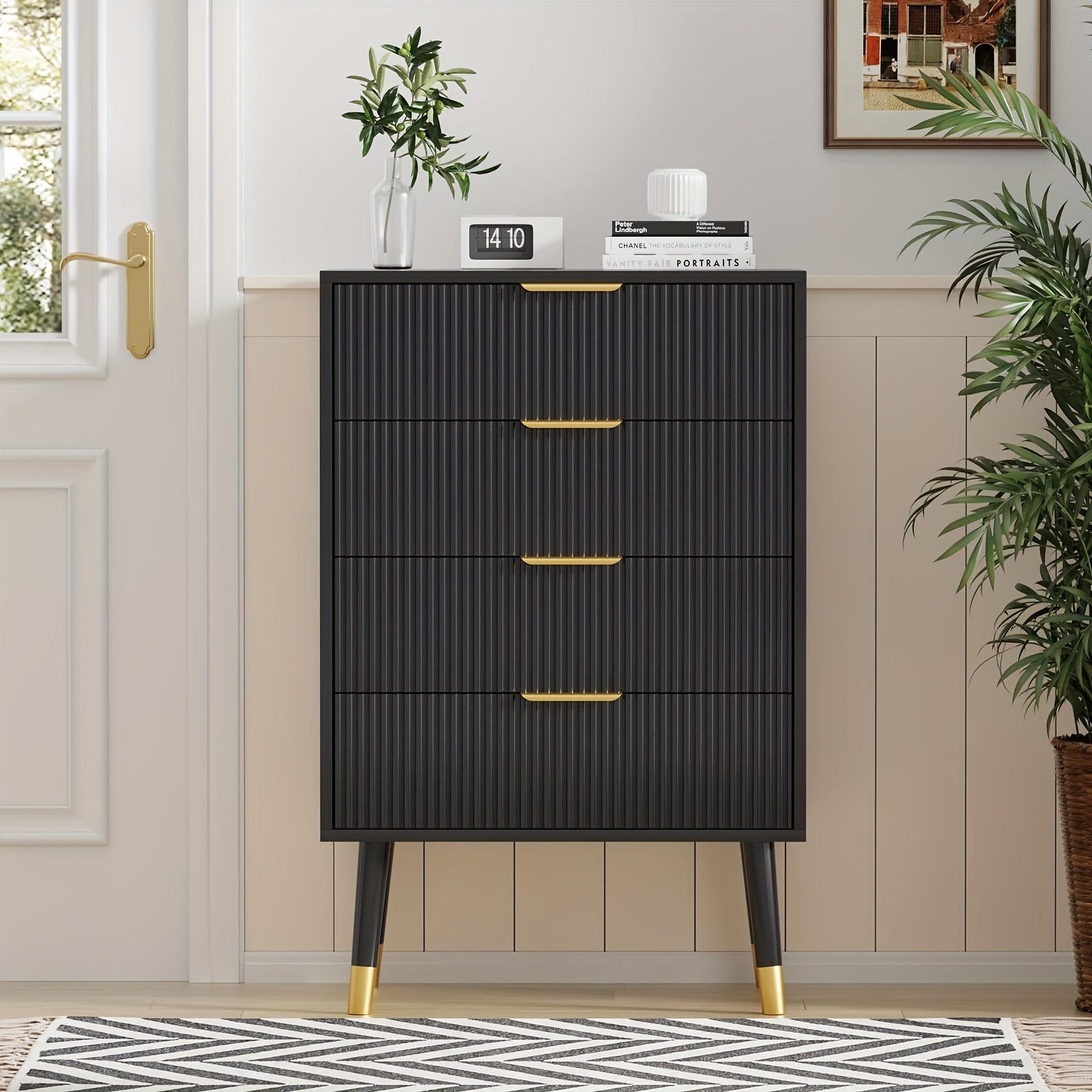 Fluted Drawers Elegant 4-Drawer Fluted Dresser in Dark Black with Golden Metal Handles - Modern Wood Storage Chest on Sturdy Legs, Easy Assembly, Perfect for Bedroom or Hallway Organizer