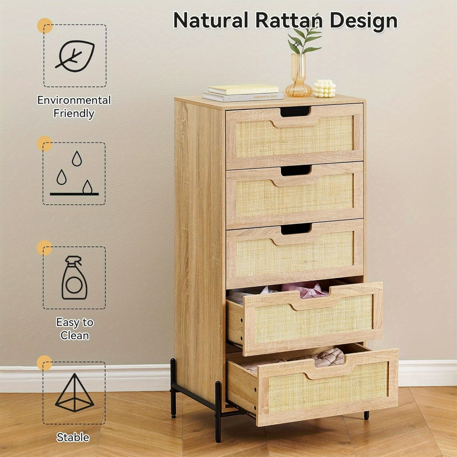 Natural Rattan 5 Drawer Dresser, Chest of Drawer, Farmhouse Storage Cabinet with Solid Metal Legs, Modern Storage Unit for Bedroom, Living Room, Entryway, Oak