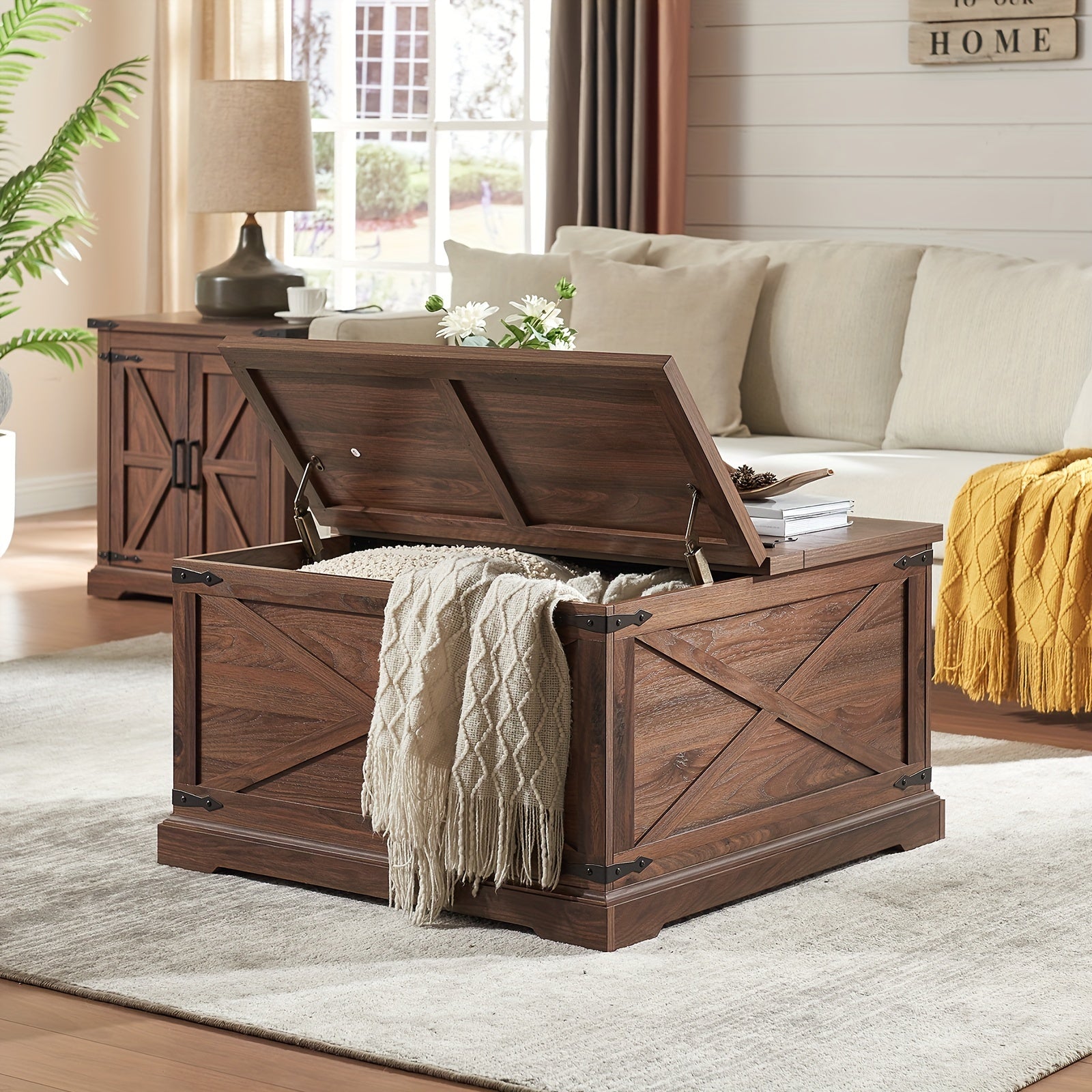 Rustic Farmhouse Square Coffee Table With Lift-Top & Hidden Storage, Wood Center Table With Large Hidden Storage Compartment For Living Room Or Bedroom