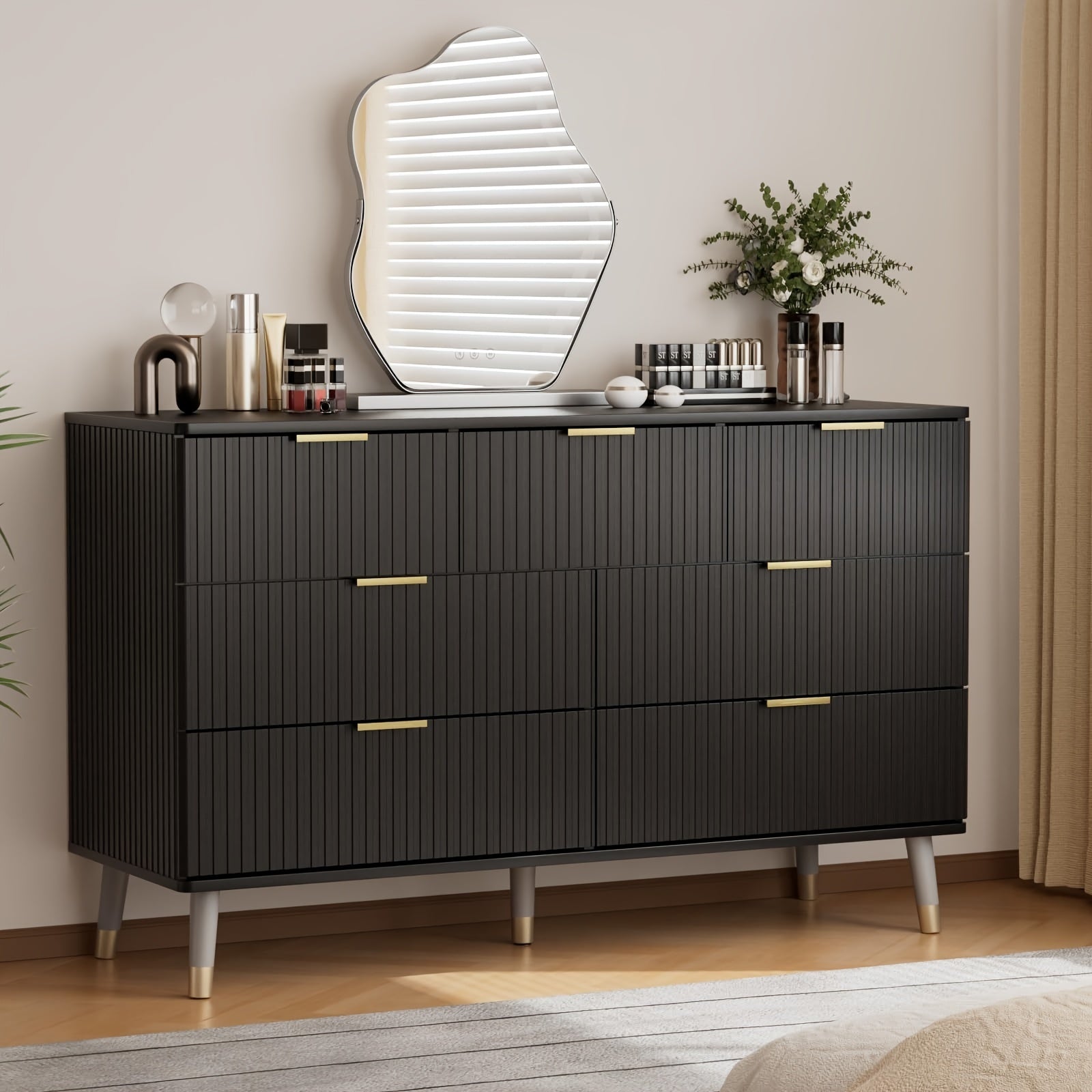 7 Drawer Dresser for Bedroom with Fluted Panel, With Golden Dresser Handles, Modern Chests of Drawers for Hallway, Entryway