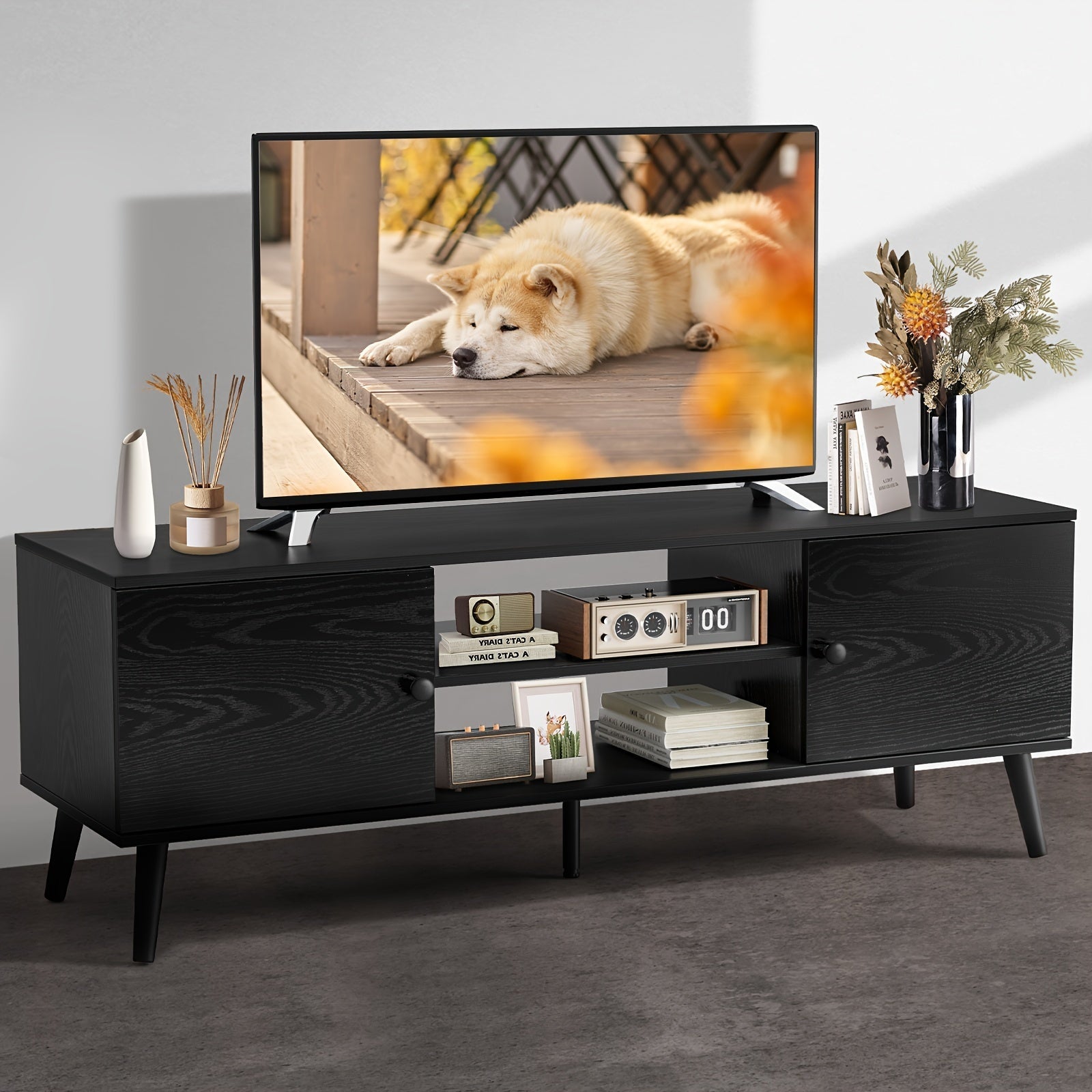 TV Stands For Living Room, Entertainment Center With Storage Cabinet, Media Console Table Stand Up To 60 Inch For Bedroom, Black/Brown