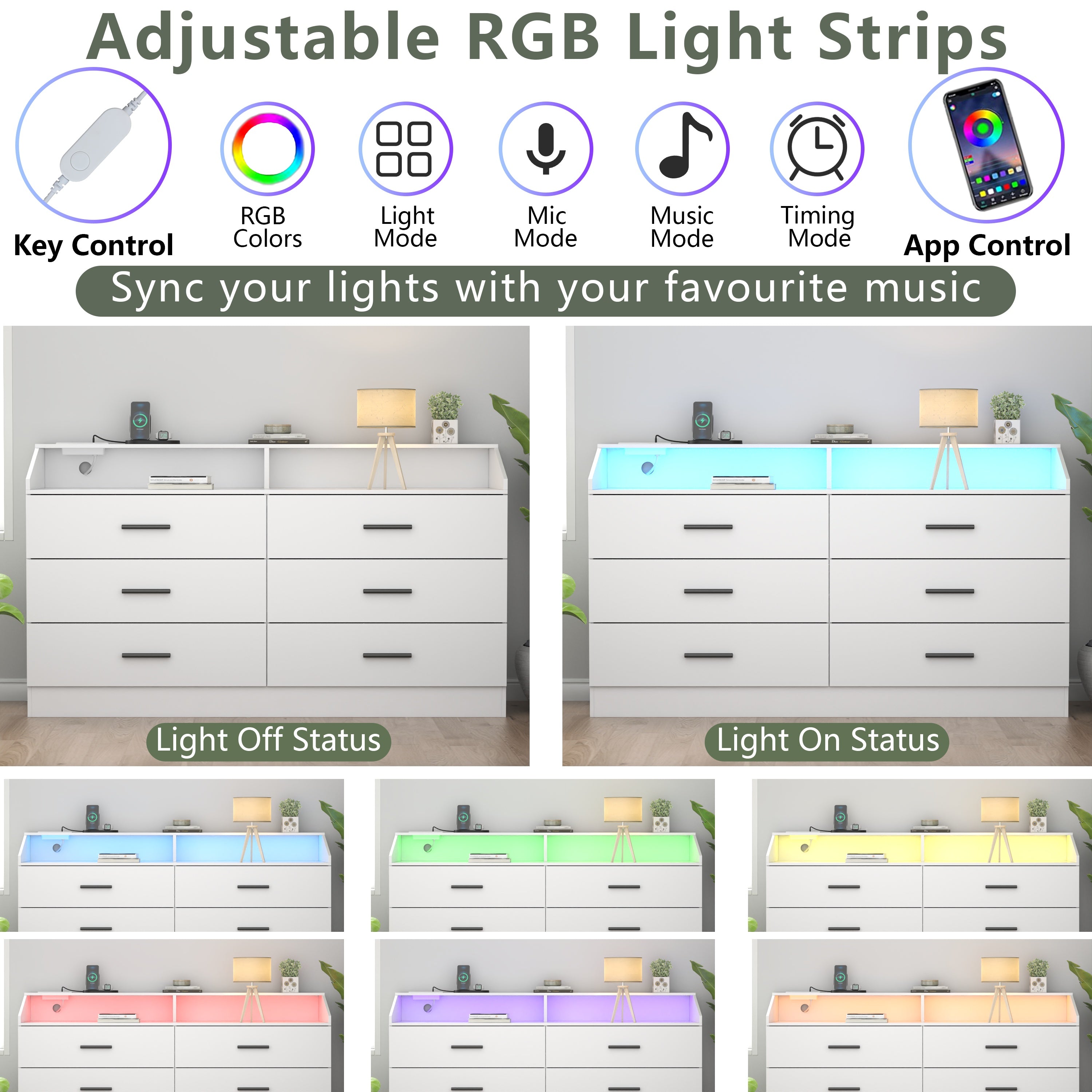 White Dresser For Bedroom 6 Drawers Dresser With Power Outlet Chest Of Drawers With LED Light Modern Dresser With Open