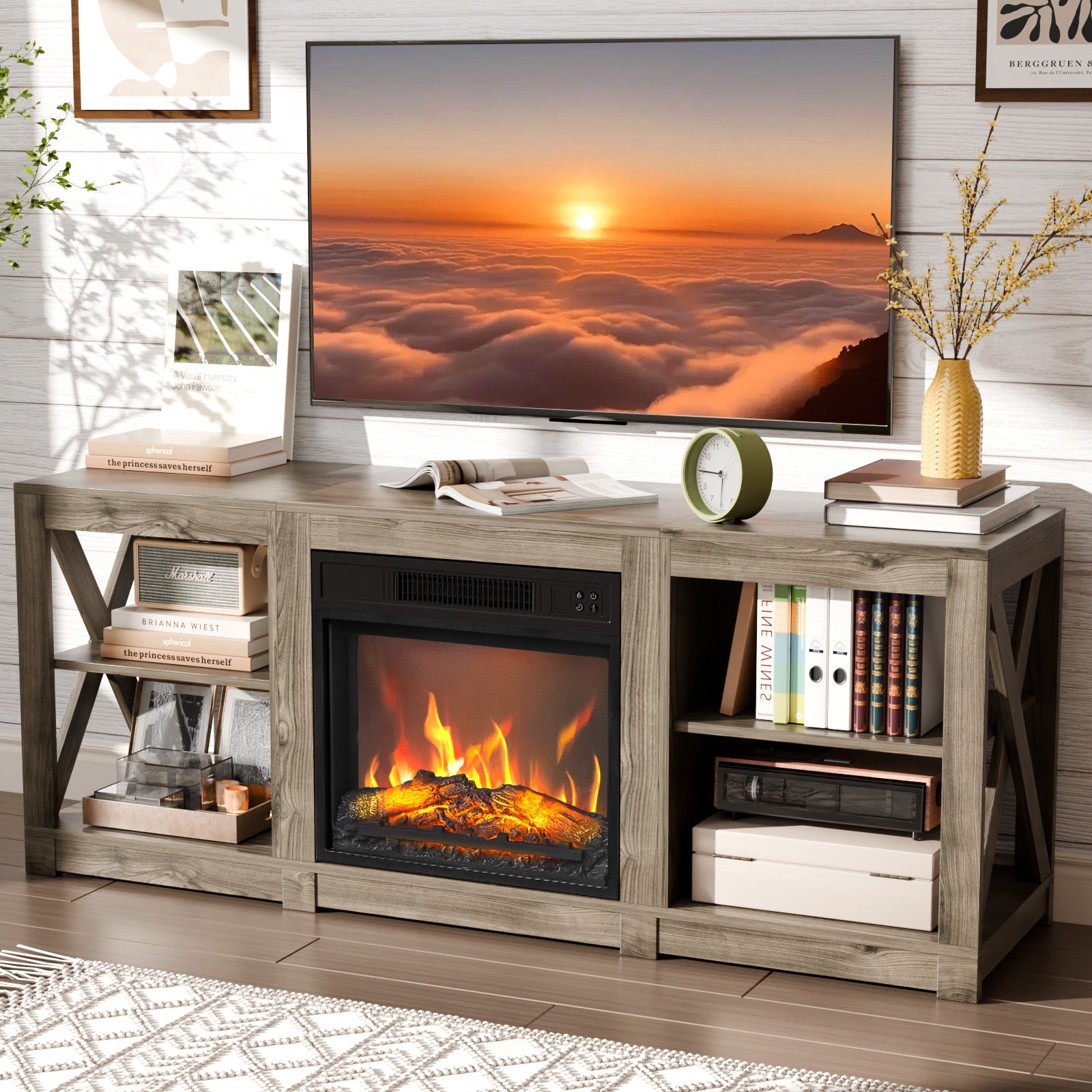 70" LED TV & Fireplace Entertainment Center with Glass Door Storage - Modern Rustic Console Table, Sturdy Construction, Easy Assembly, Perfect for Cozy Living Spaces, Tv Console for Living Room