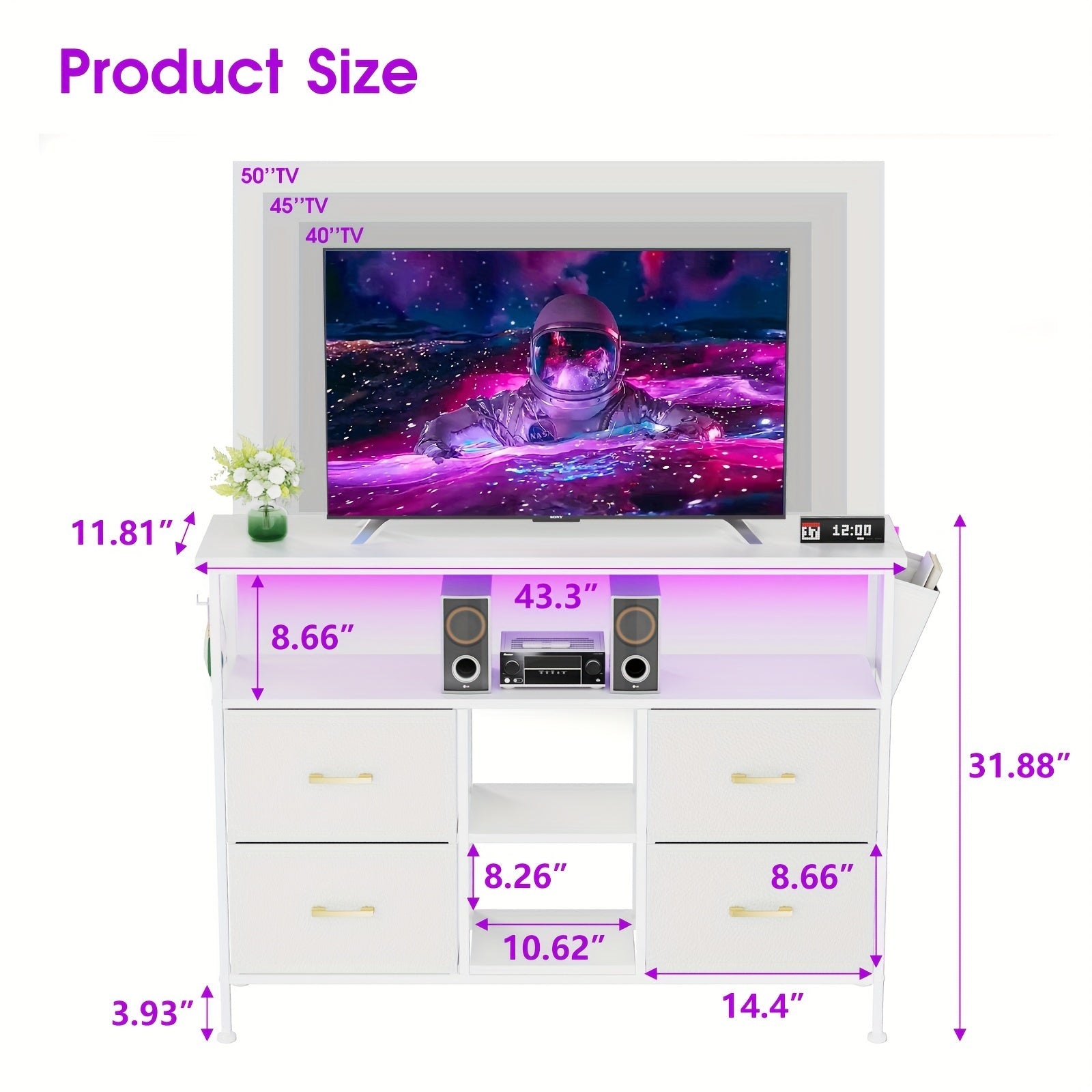 TV Stand Dresser With Built-in Power Outlet For 50-inch TVs, White LED-Lit TV Console, Storage Cabinet With 4 Spacious Drawers, Comprehensive Entertainment Center & Wide Drawer Chest For Bedroom Storage