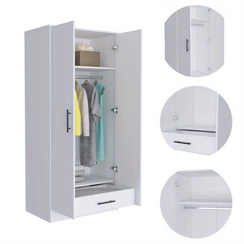 Elegant White Modern Armoire Wardrobe - Sleek Rectangle Storage Closet with Hanging Rod & Concealed Drawer, 71.1"H x 31.5"W x 19.69"D, Perfect for Bedroom Essentials, Portable Closets