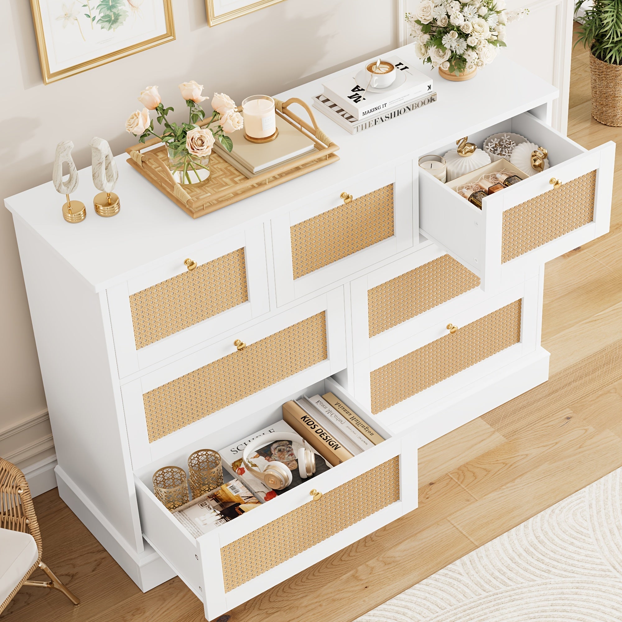 1pc Modern White Rattan Dresser with 7 Drawers - Wall Mount No Wood Electricity-Free Spacious Closed Storage <3.2 Cubic