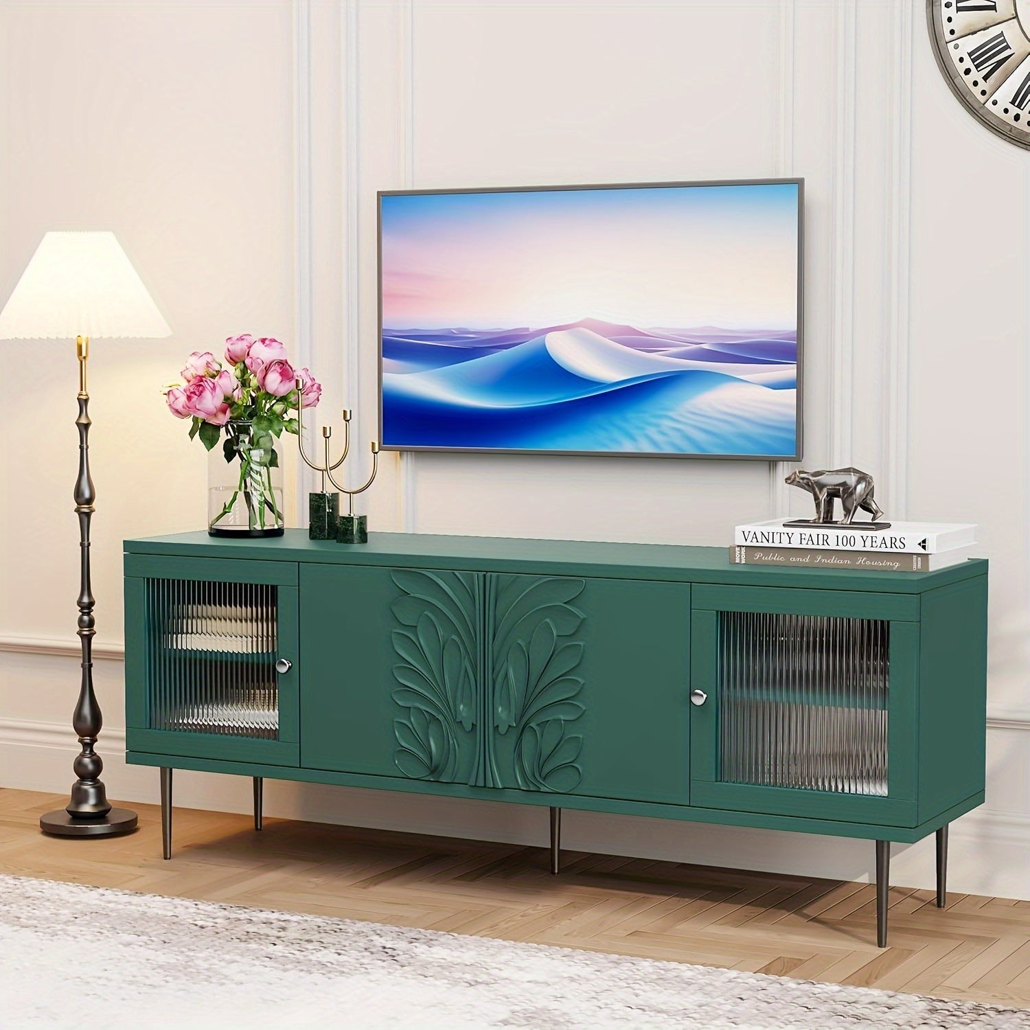 TV Stand For TVs Up To 75", Mid Century Modern TV Console With 3D Flower Pattern, Wood Entertainment Center With 2 Fluted Glass Doors, Media Console Table With Storage For Living Room