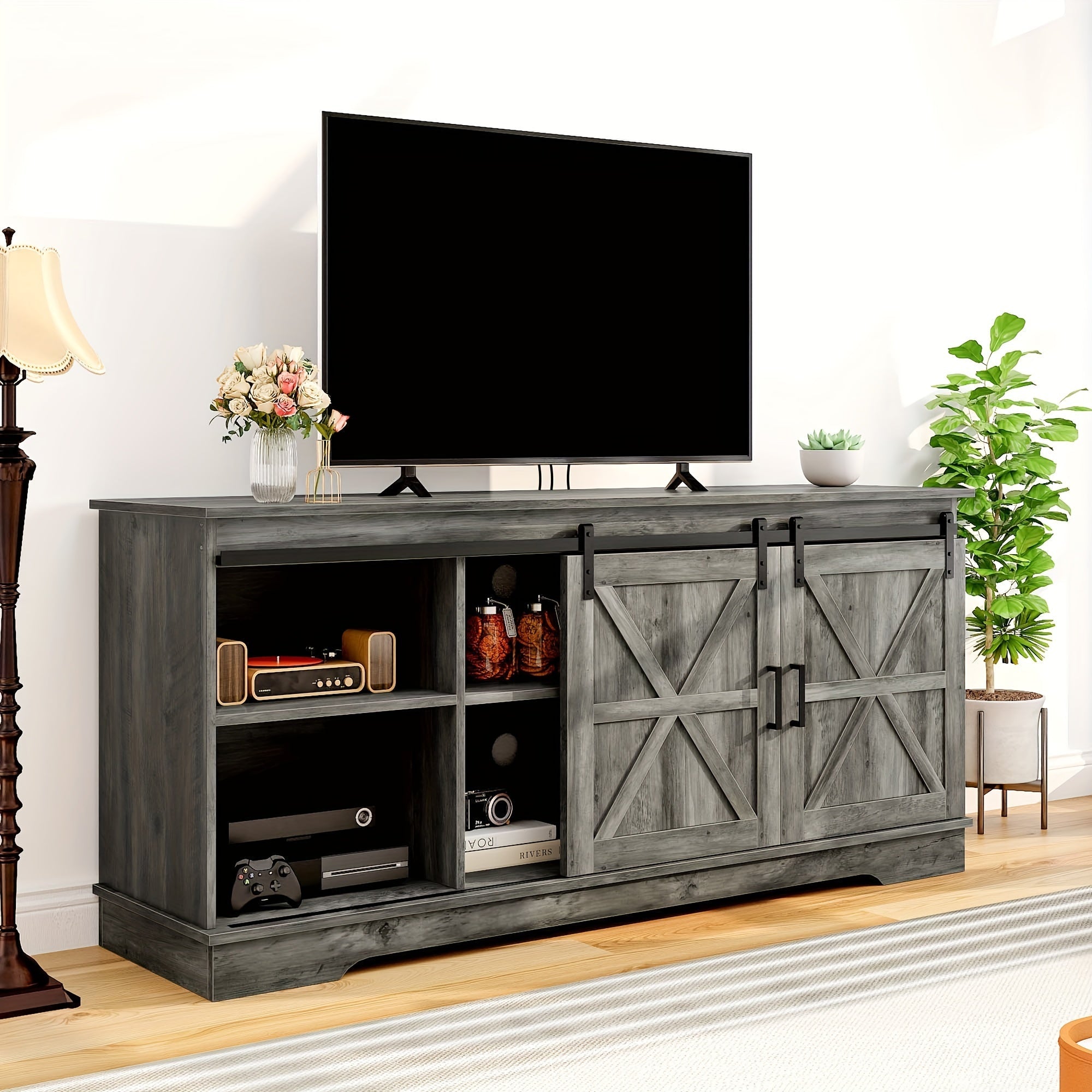 Farmhouse TV Stand for TVs up to 65'', Entertainment Center with Barn Doors, TV Media Console Cabinet, Grey Wash