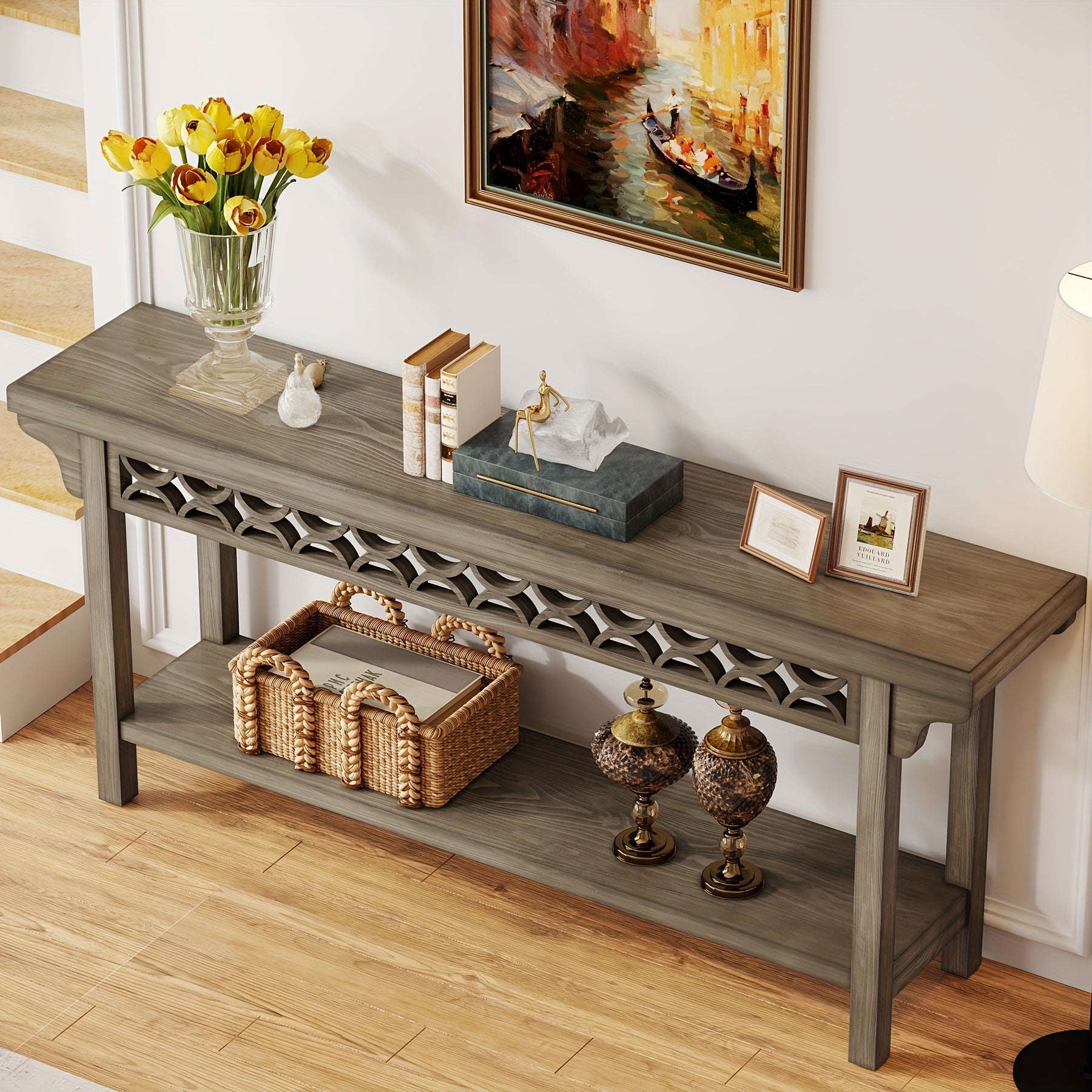 70.8 Inch Extra Long Console Table, Farmhouse Wood Narrow Sofa Table With Storage Shelves, 2-Tier Entryway Table Behind Couch For Hallway Foyer Living Room