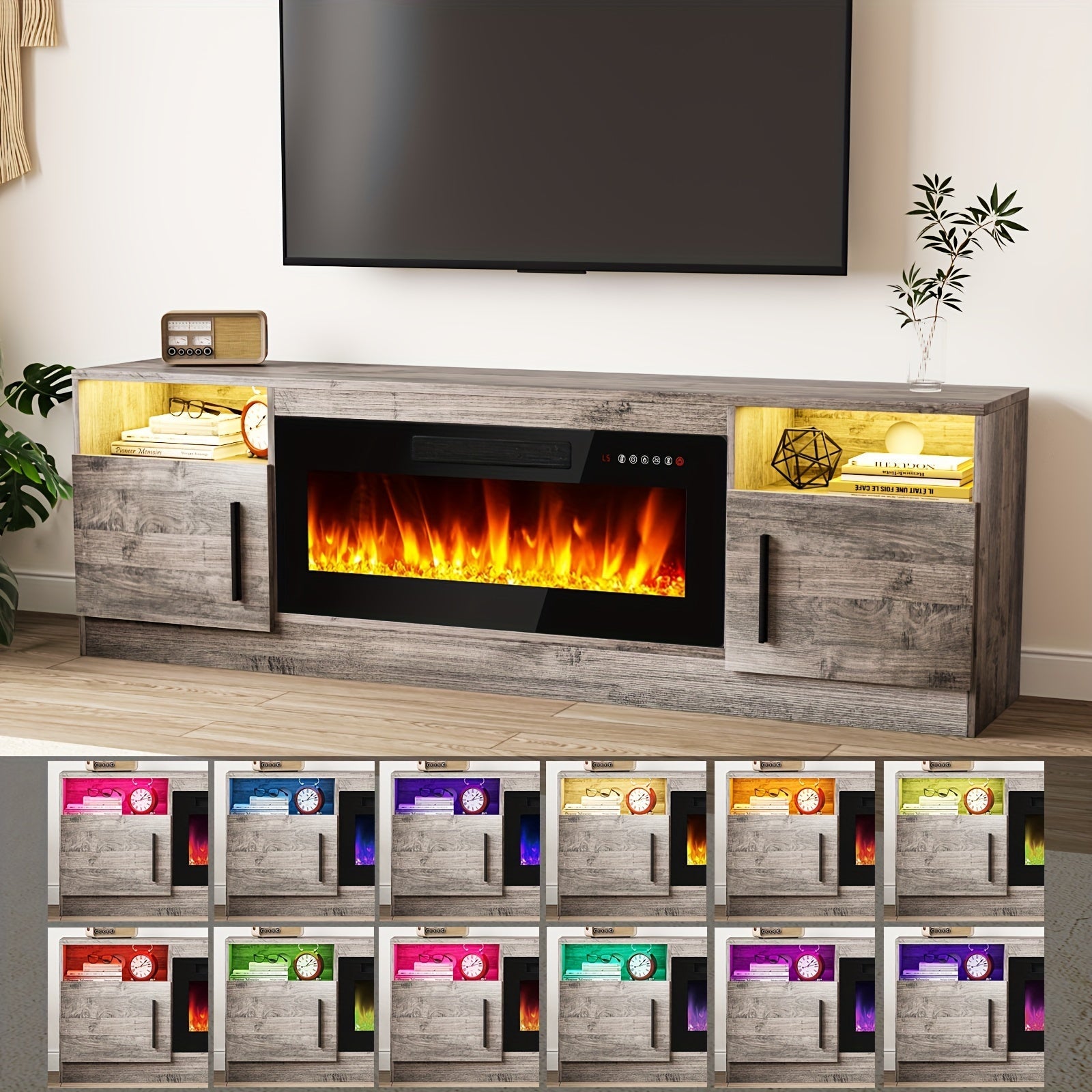 1pc Modern 178cm Wooden Fireplace TV Stand with 36’’ LED Fireplace Square Media Console for 80’’ TVs High Gloss Storage
