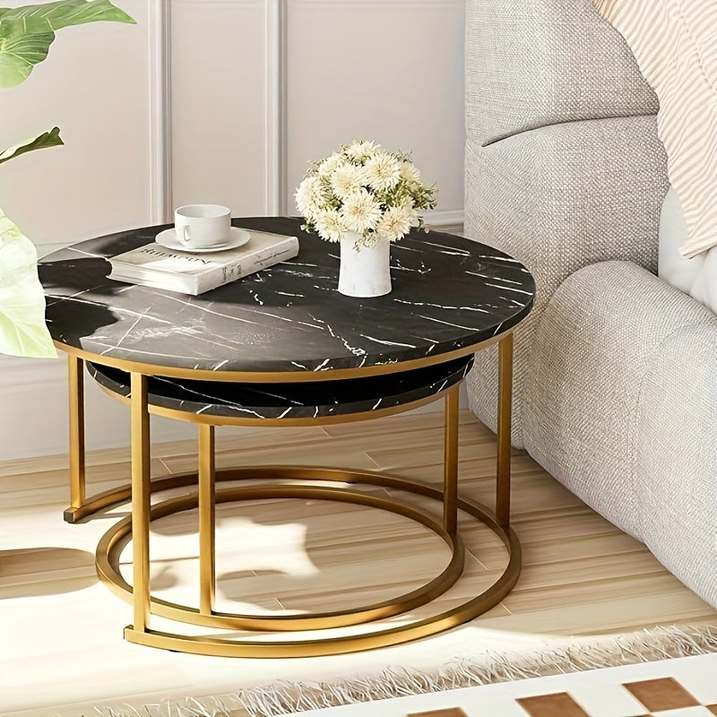 2-piece Set, Nested Coffee Table, Large White, Black, Brown Artificial Marble Edge Table, Steel Frame Circular And Circular Wooden Table, Living Room, Bedroom, Apartment, Modern Small Space