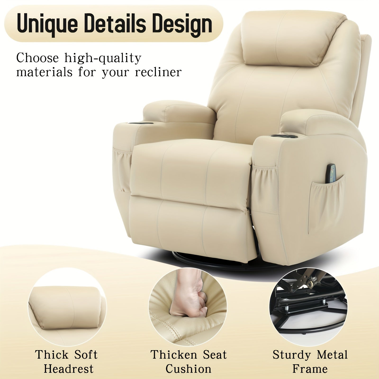 Recliner Chair, Rocking Chair With Massage And Heat, 360° Swivel Recliner Chairs For Adults, Rocker Manual Recliner With Remote Control And Cup Holder For Living Room