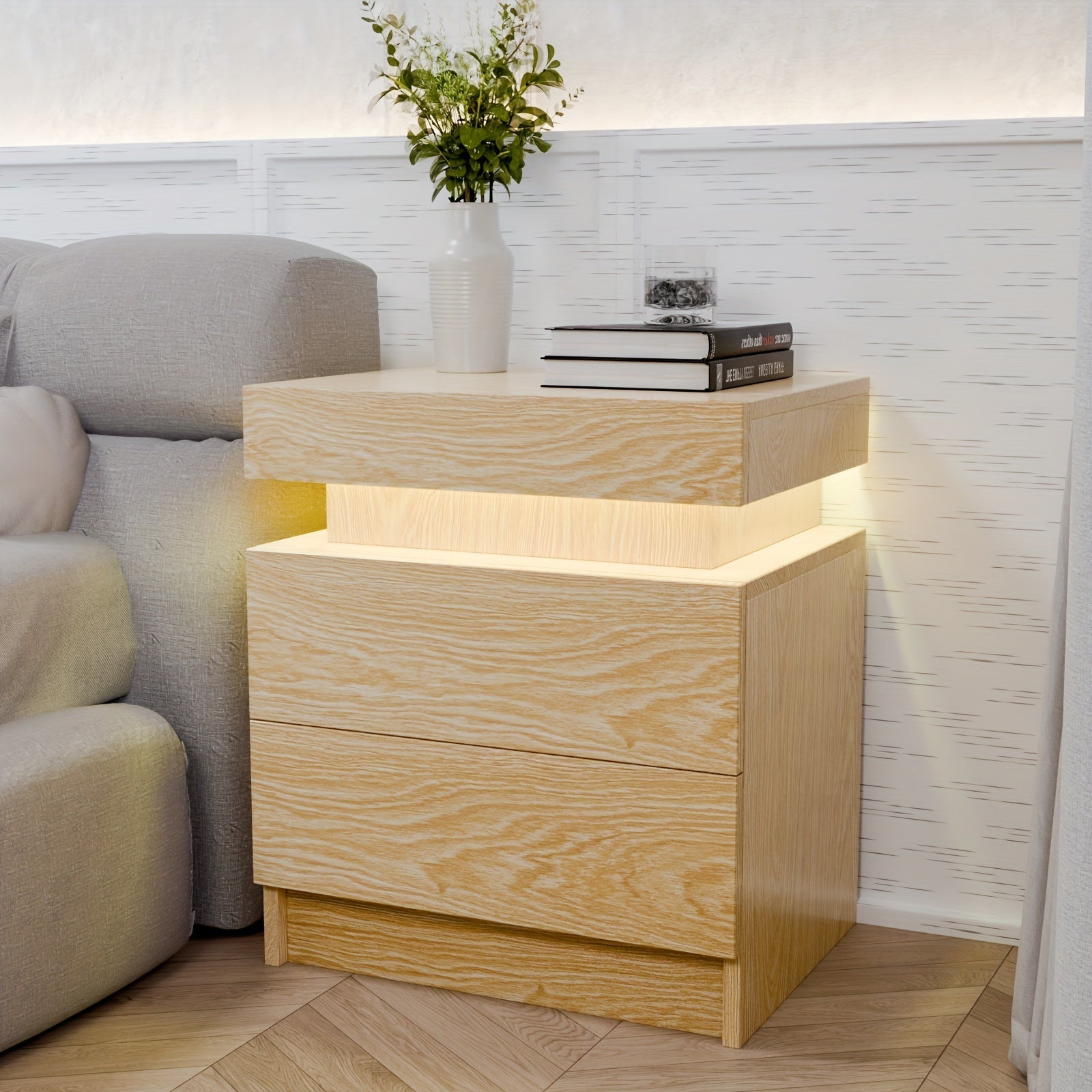 Modern LED Nightstand 2 Drawers Bedside Table With Led Lights Smart Night Stands Wood Color Textured Finish End Side Table For Bedroom Home Furniture