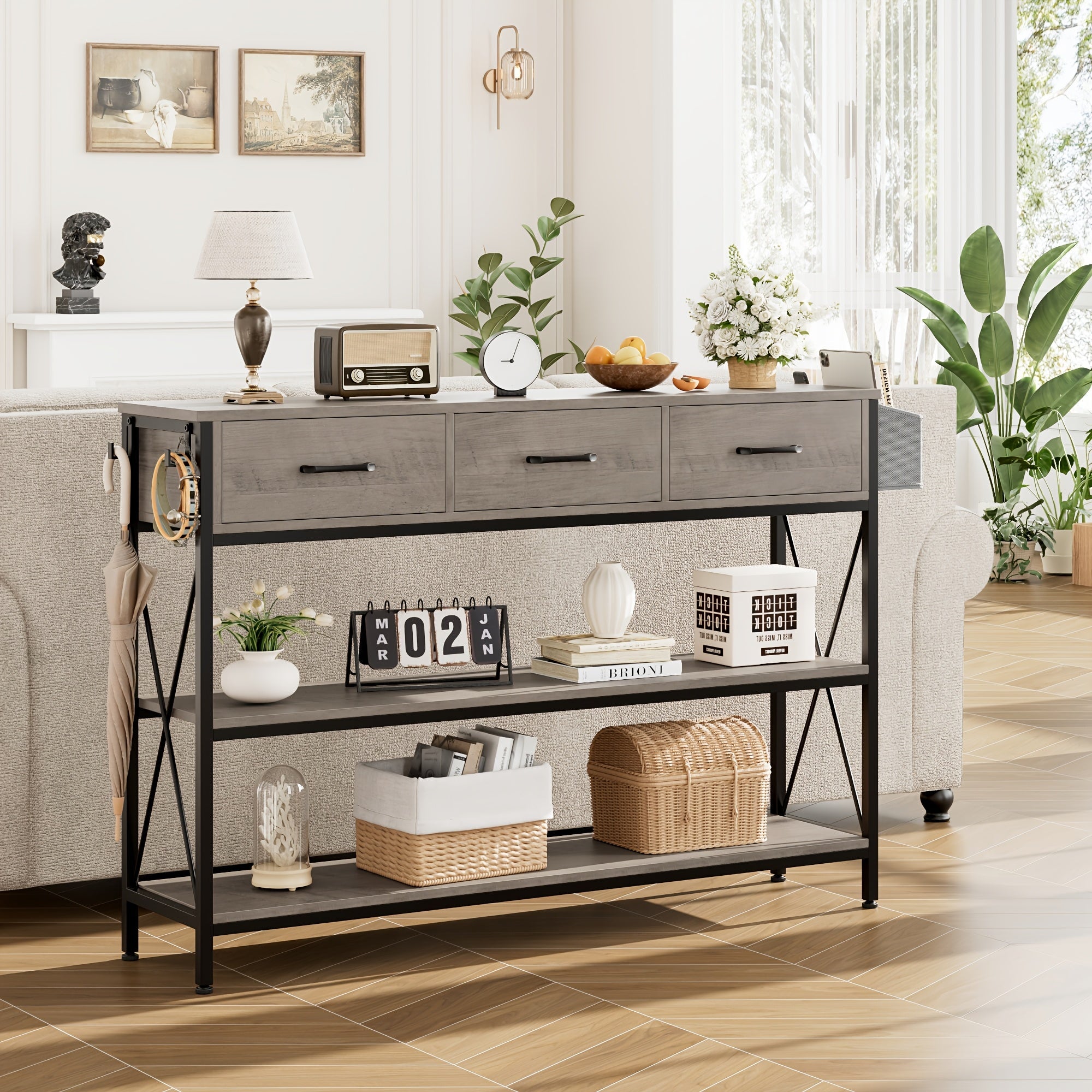 Industrial Console Table With 3 Drawers, Vintage Hallway Foyer Table With Storage Shelves, Narrow Long Sofa Entryway Table For Living Room