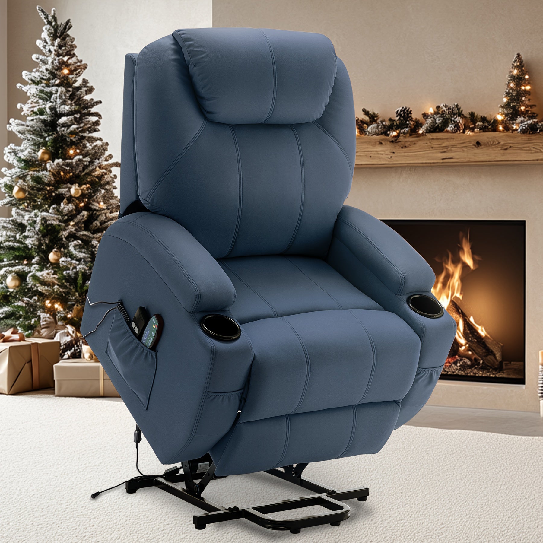 Fabric Power Lift Recliner Chair For Elderly And Adults, Electric Recliner With Massage And Heating, Recliner Chair With Remote Control And Cup Holder