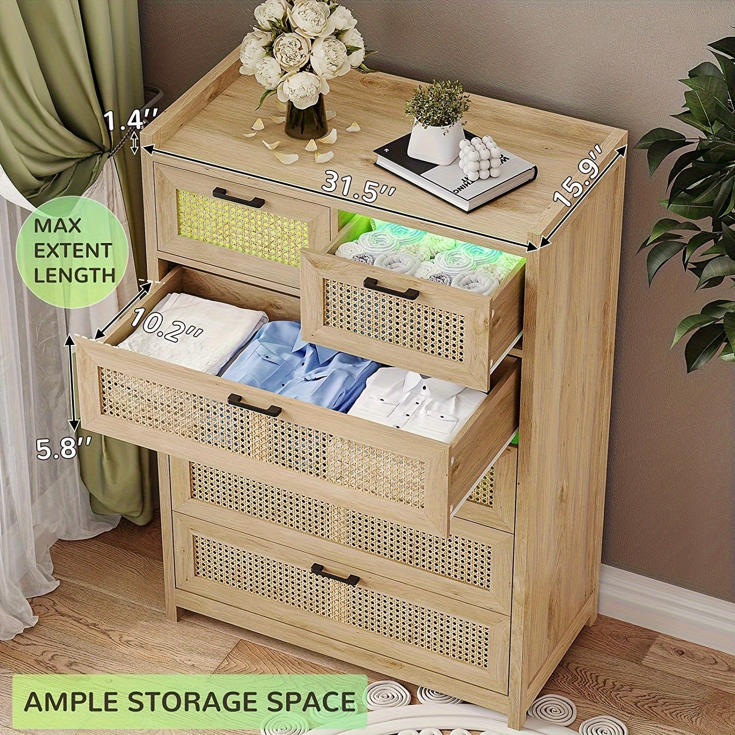 Rattan Dresser With LED Lights For Bedroom 6 Drawer Dresser Chest Of Drawers For Bedroom, Living Room, Hallway